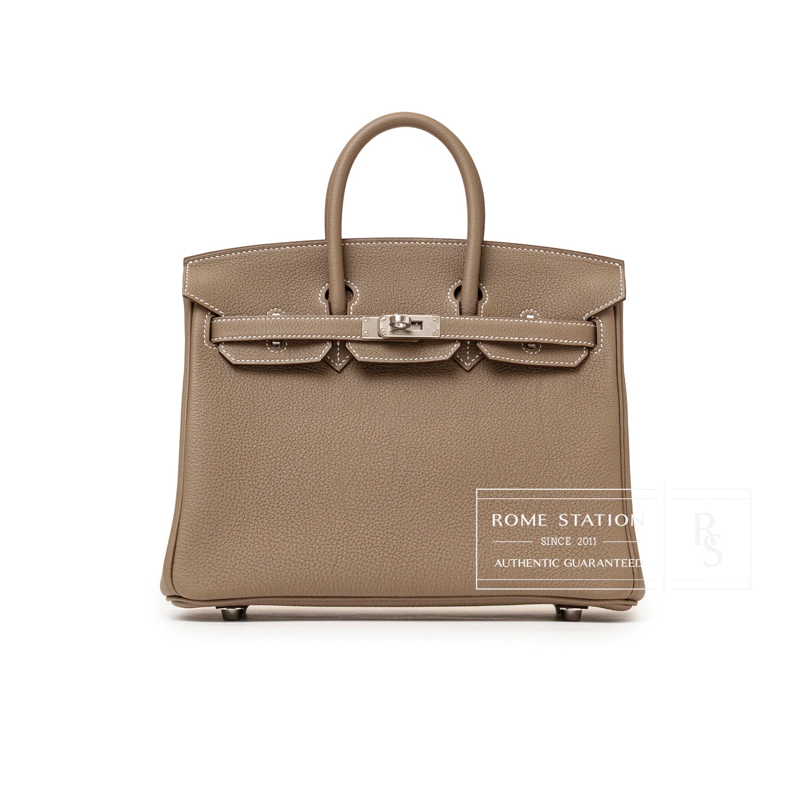 Front view of Hermès Birkin 25 Etoupe Togo Palladium Hardware showcasing its structured silhouette and smooth grain leather