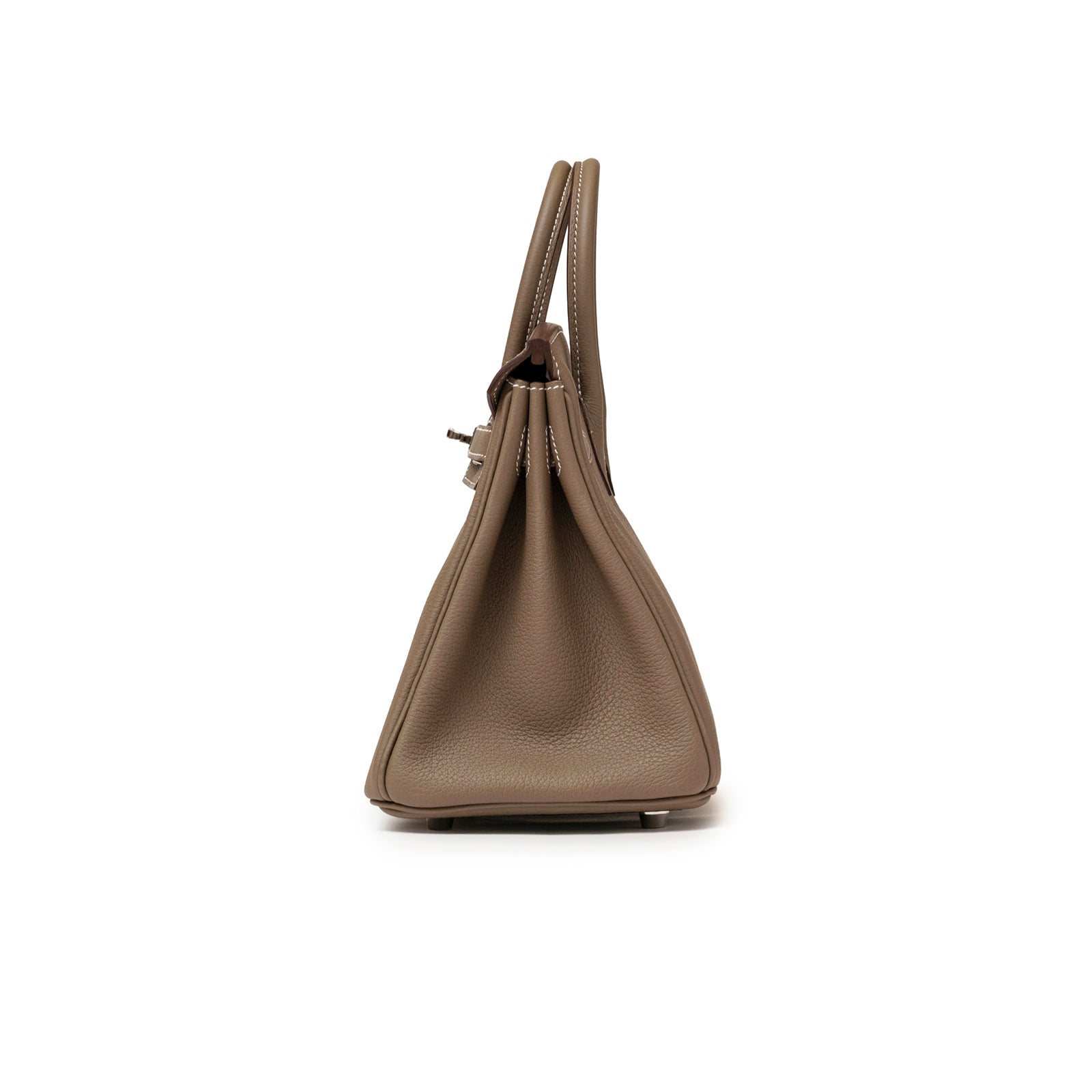 Side profile of Hermès Birkin 25 Etoupe Togo Palladium Hardware showing leather texture and handles upright