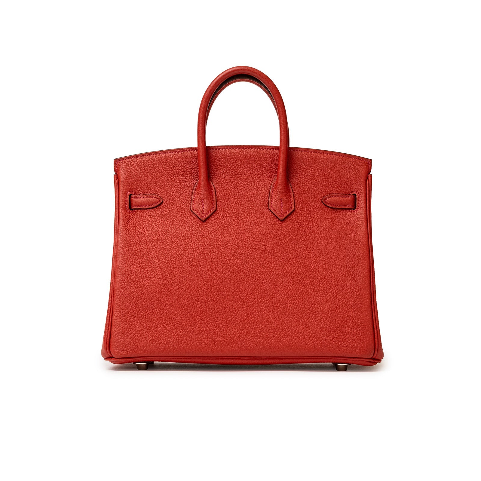 Back view of Hermès Birkin 25 Geranium Togo Palladium Hardware featuring textured leather and dual top handles.