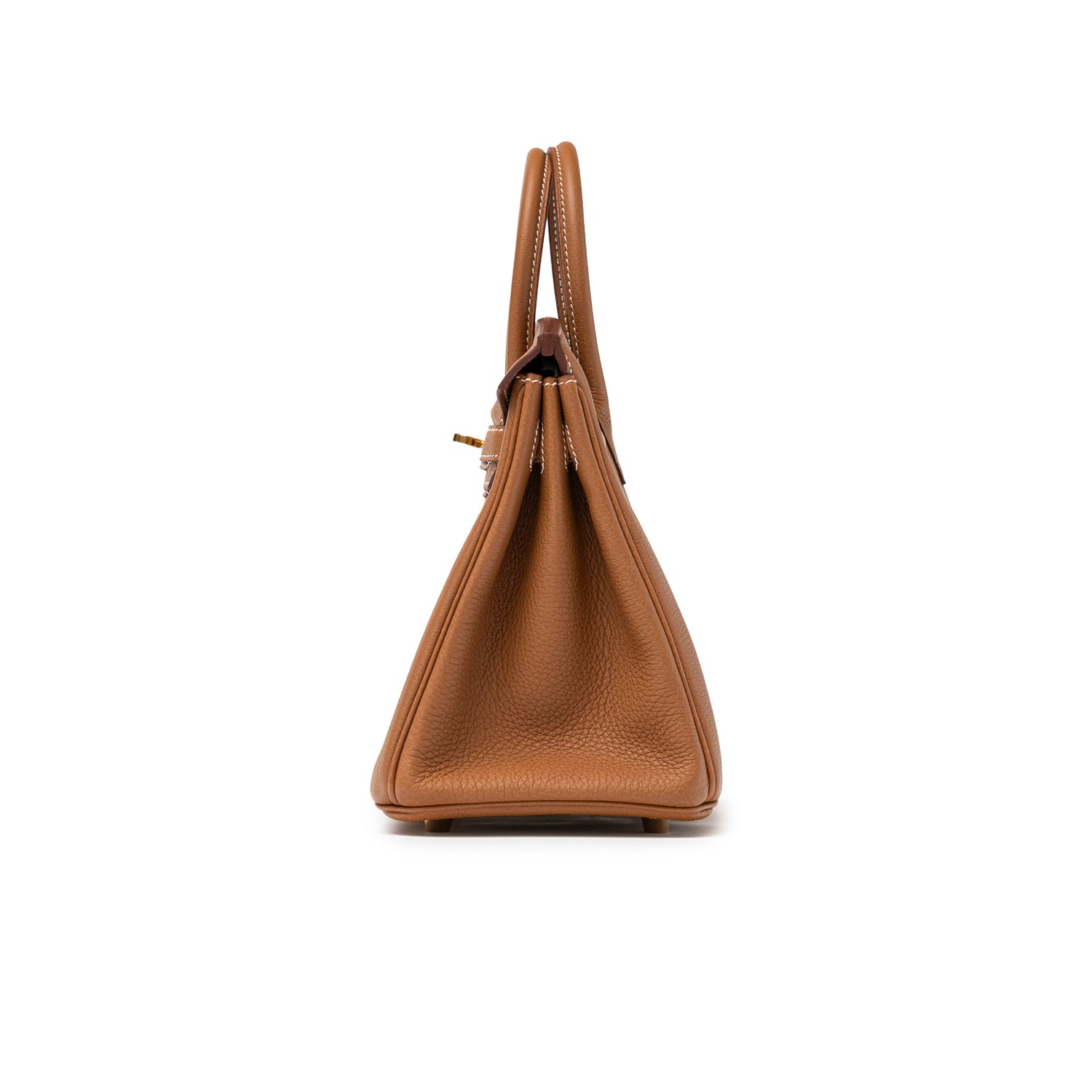 Side view of Hermès Birkin 25 Gold Togo Gold Hardware in textured gold leather with dual handles visible