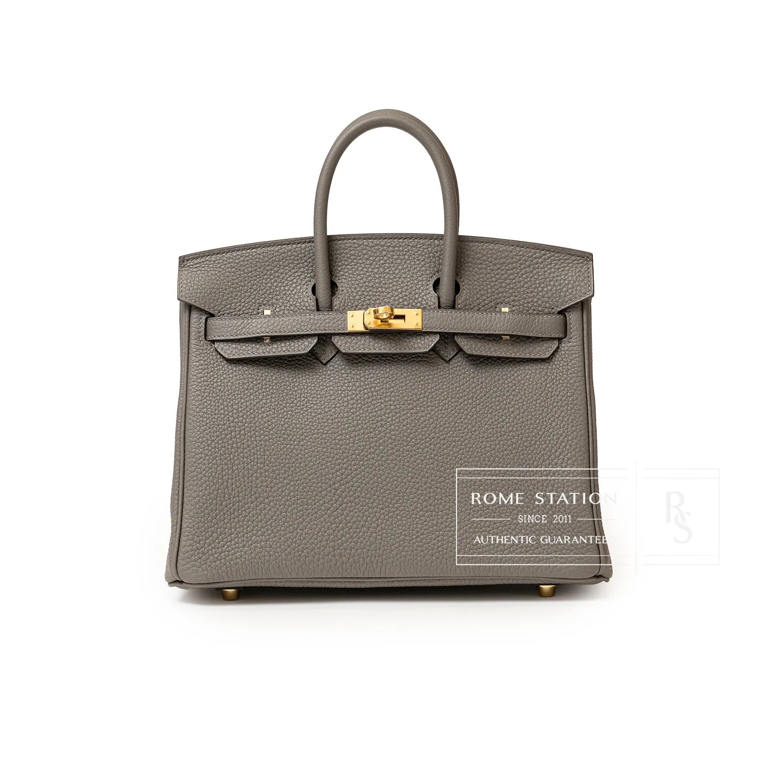 Front view of Hermès Birkin 25 in Gris Meyer Togo leather with gold hardware and rolled handles