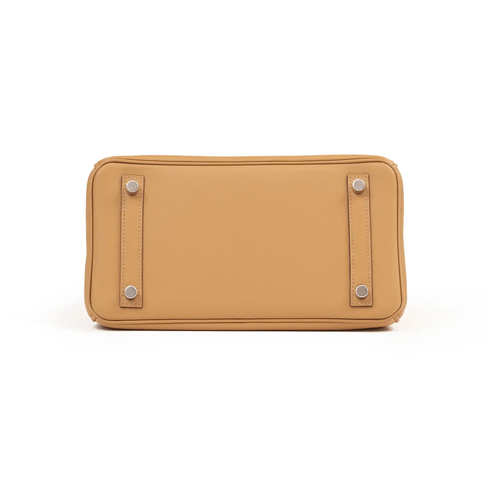 Bottom view of Hermès Birkin 25 in biscuit swift leather showing palladium hardware feet and base details