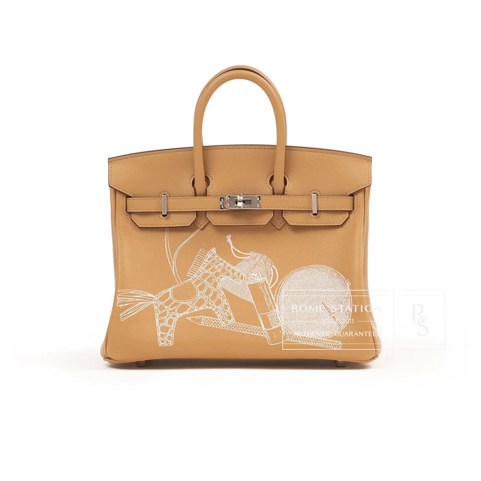 Front view of Hermès Birkin 25 in biscuit leather with signature silver palladium hardware and decorative print
