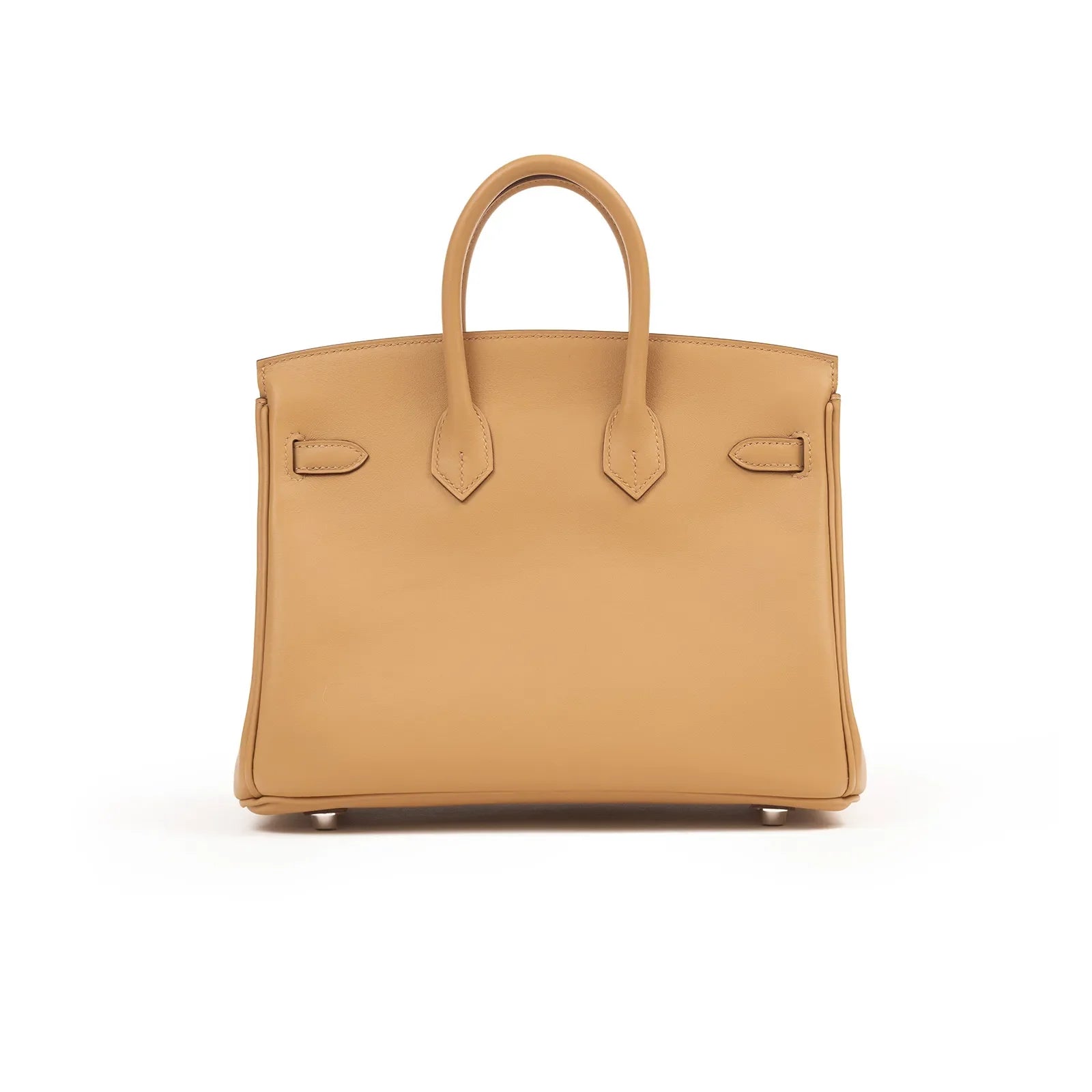 Back view of Hermès Birkin 25 handbag in biscuit leather with smooth finish and rounded handles