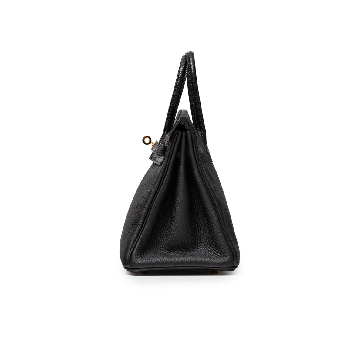 Hermès Birkin 25 Touch Black Togo Lizard Gold Hardware side view with structured leather and top handle