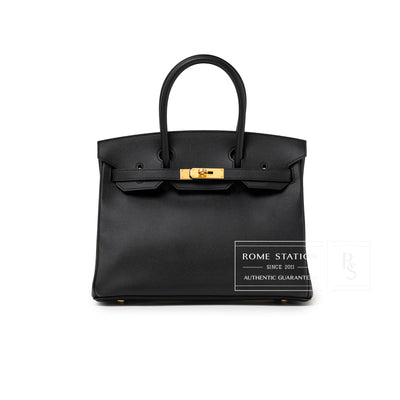 Front view of Hermès Birkin 30 Black Epsom Gold Hardware handbag showcasing smooth leather and gold lock detailing
