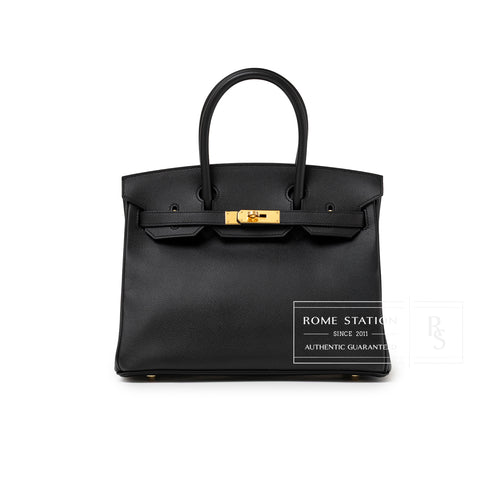 Front view of Hermès Birkin 30 Black Epsom Gold Hardware handbag showcasing smooth leather and gold lock detailing