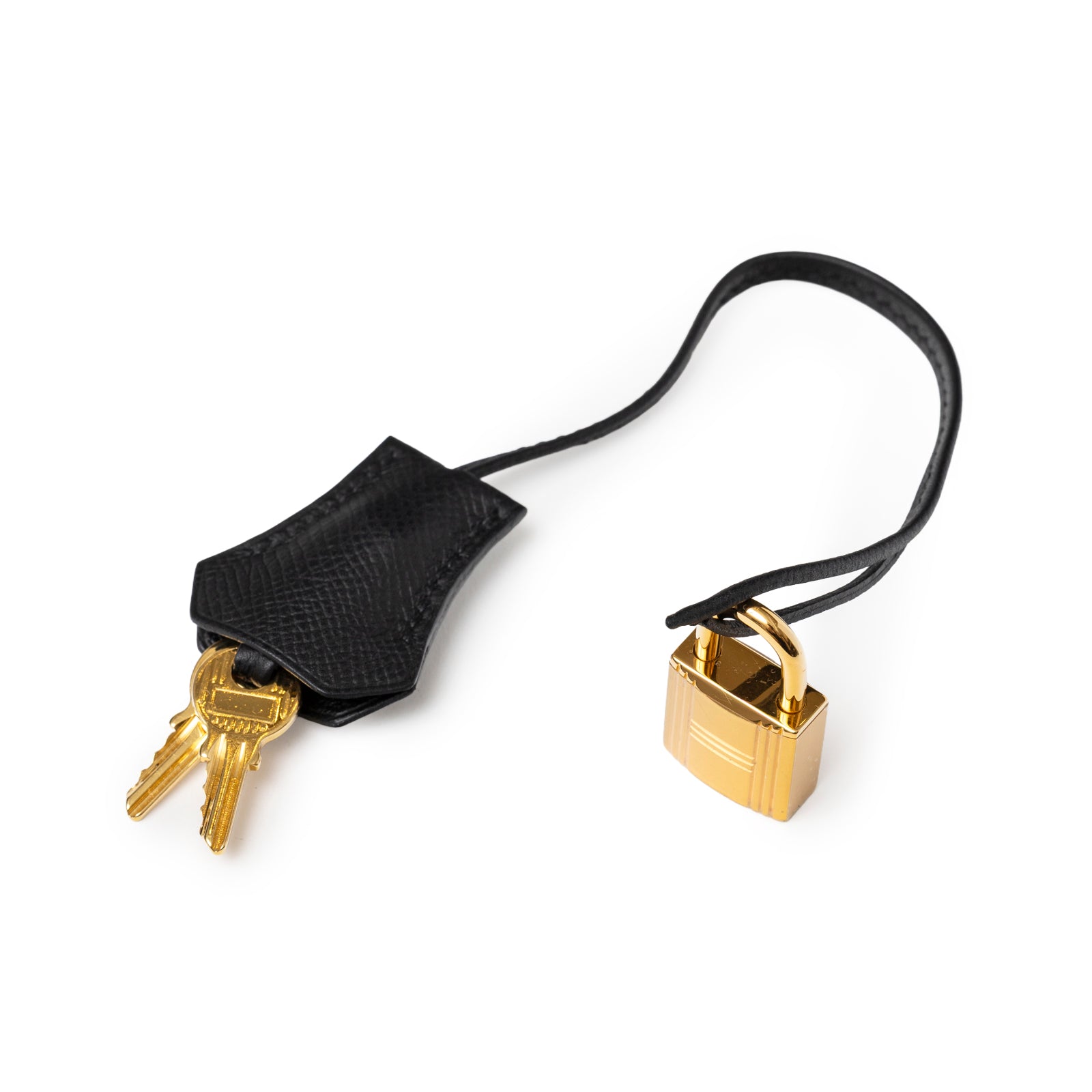 Leather clochette with two gold keys and a gold padlock on a black strap for Hermès Birkin 30 Black Epsom Gold Hardware