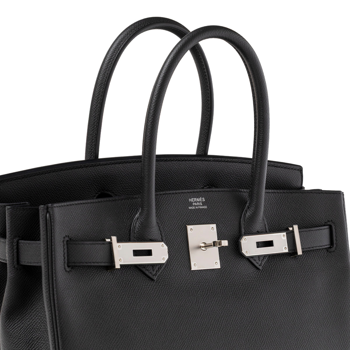 Close-up of Hermès Birkin 30 Black Epsom Palladium Hardware showing front