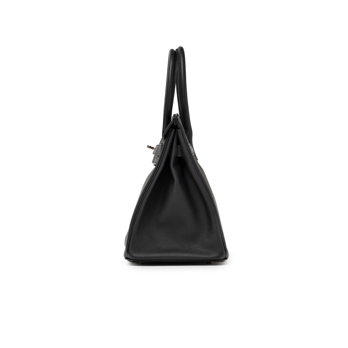Side view of Hermès Birkin 30 Black Epsom Palladium Hardware with smooth leather and structured silhouette