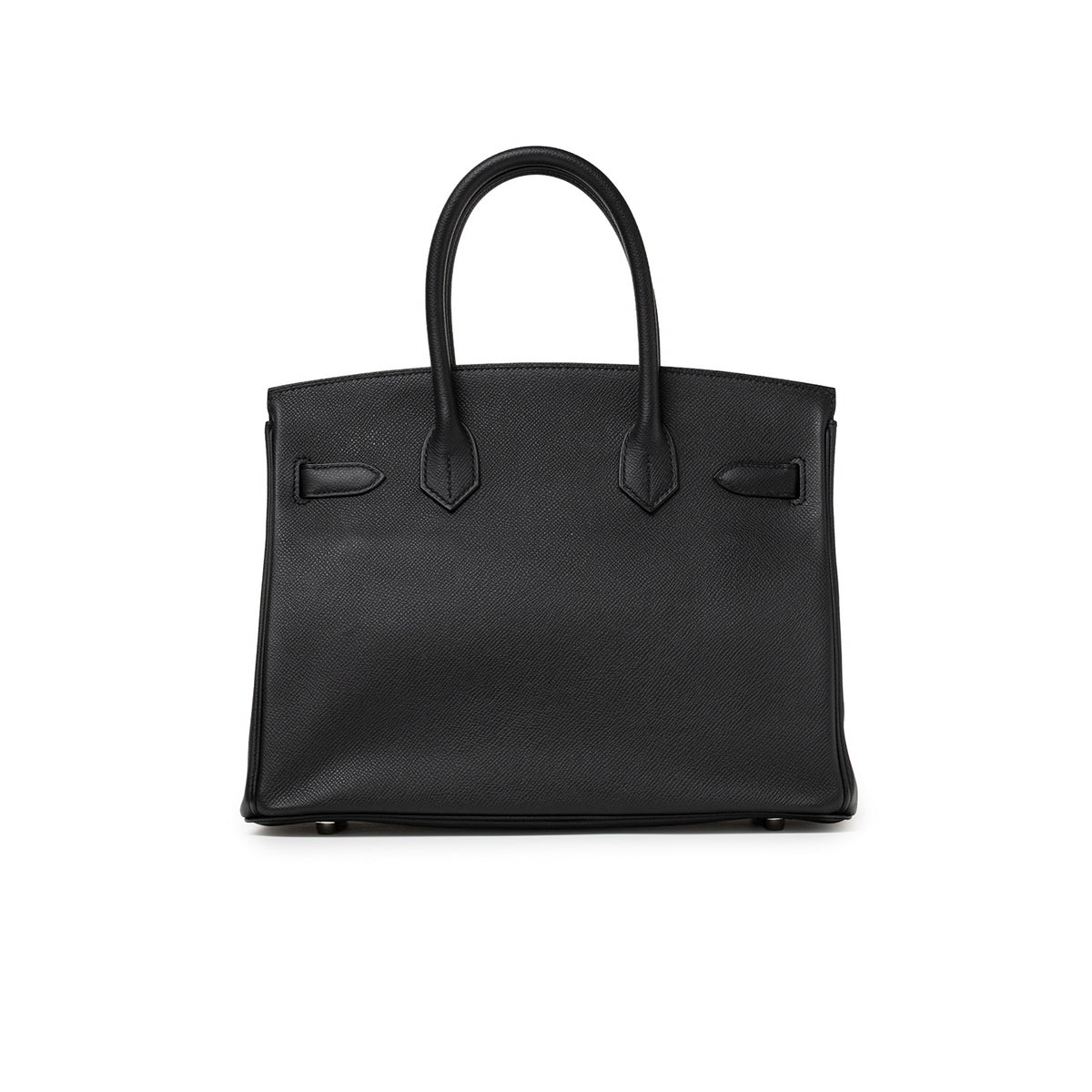 Back view of Hermès Birkin 30 Black Epsom Palladium Hardware handbag showing smooth grain and structured silhouette