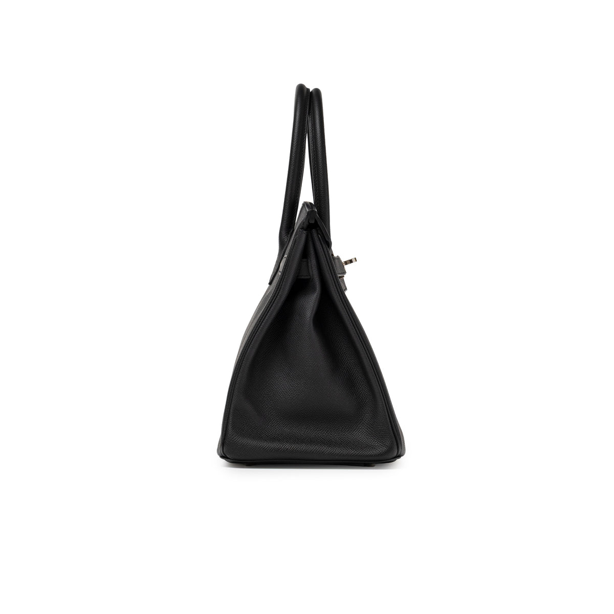 Side profile of Hermès Birkin 30 Black Epsom Palladium Hardware showing structured leather silhouette and handles