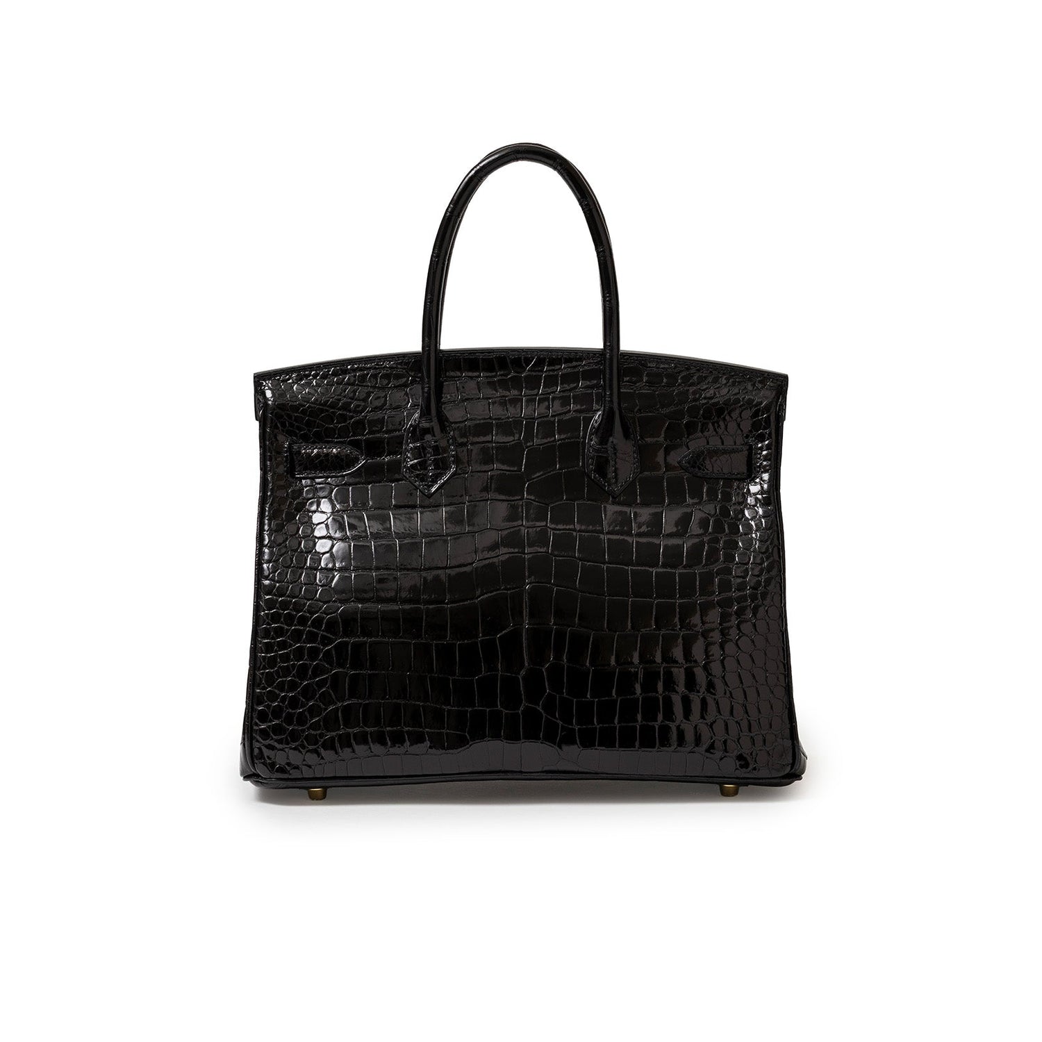 Back view of Hermès Birkin 30 Black Shiny Porosus Crocodile with gold hardware and structured handles.
