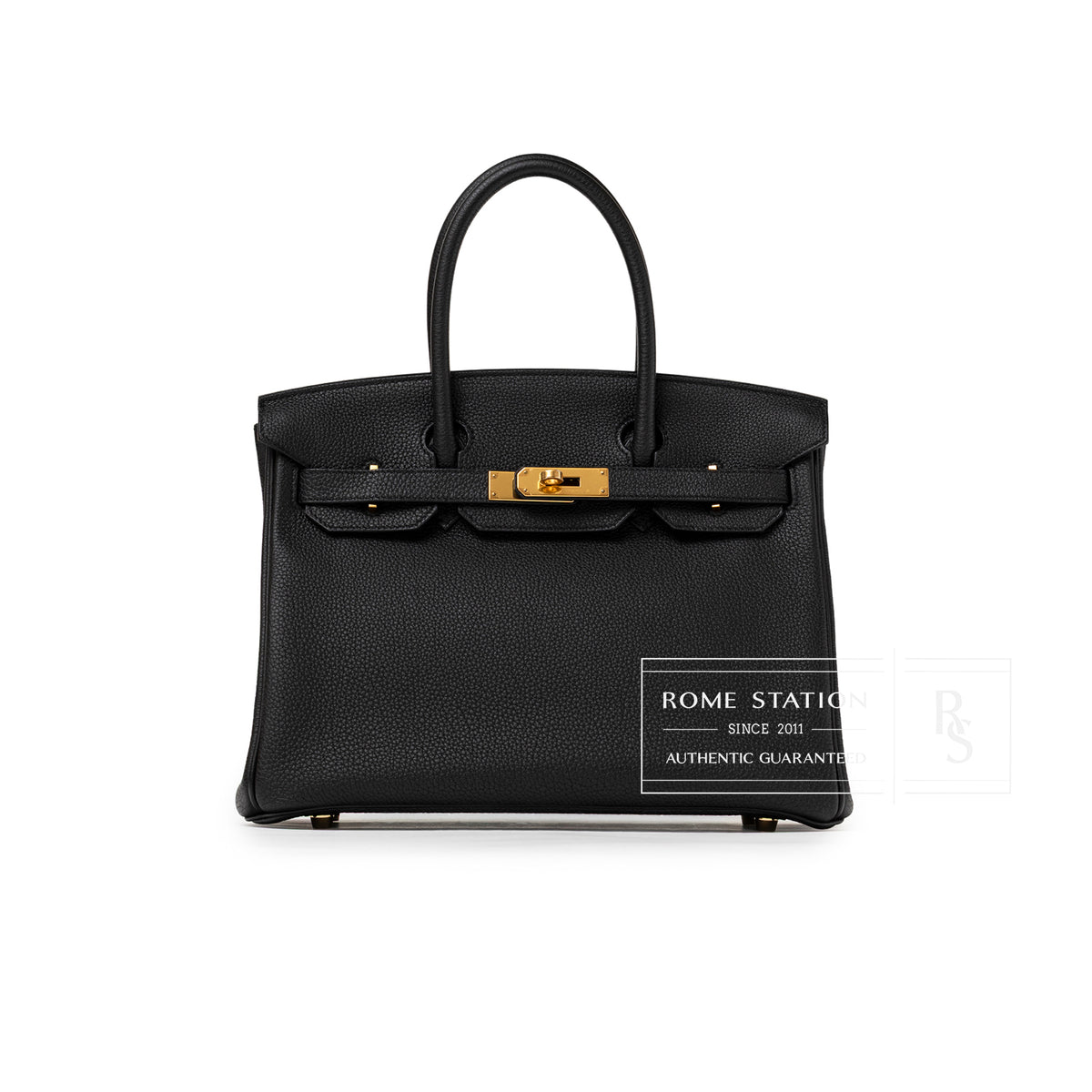 Front view of Hermès Birkin 30 Black Togo Gold Hardware featuring textured leather and polished gold clasp