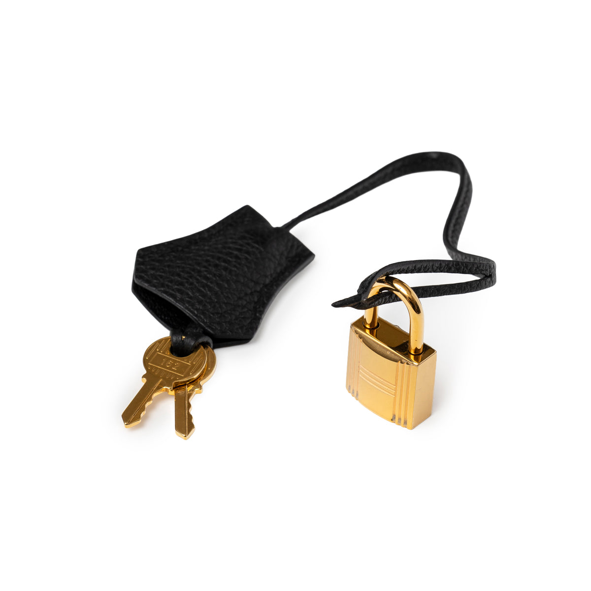 Lock and two keys with black leather strap and pouch for Hermès Birkin 30 Black Togo Gold Hardware accessory details
