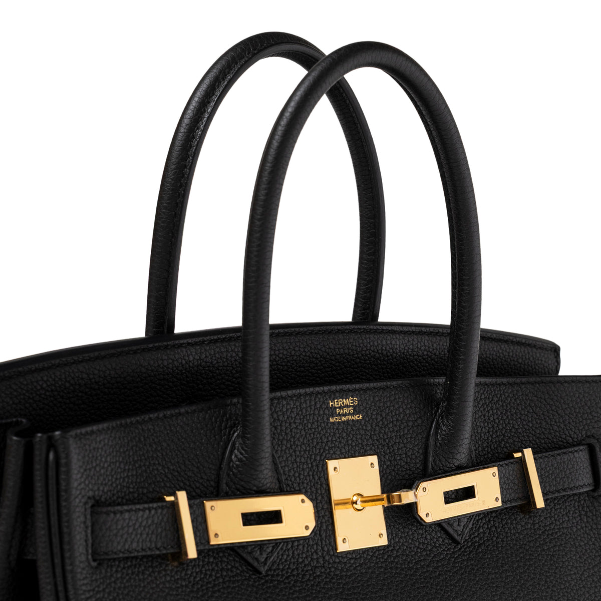 Close-up of Hermès Birkin 30 Black Togo Gold Hardware
