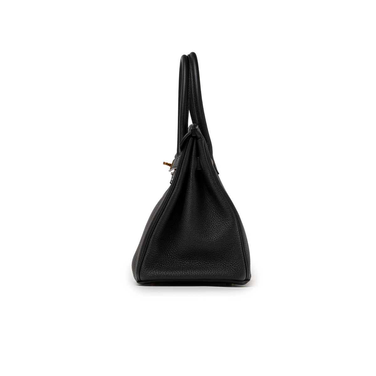 Side profile of Hermès Birkin 30 Black Togo Gold Hardware showcasing textured leather and smooth silhouette