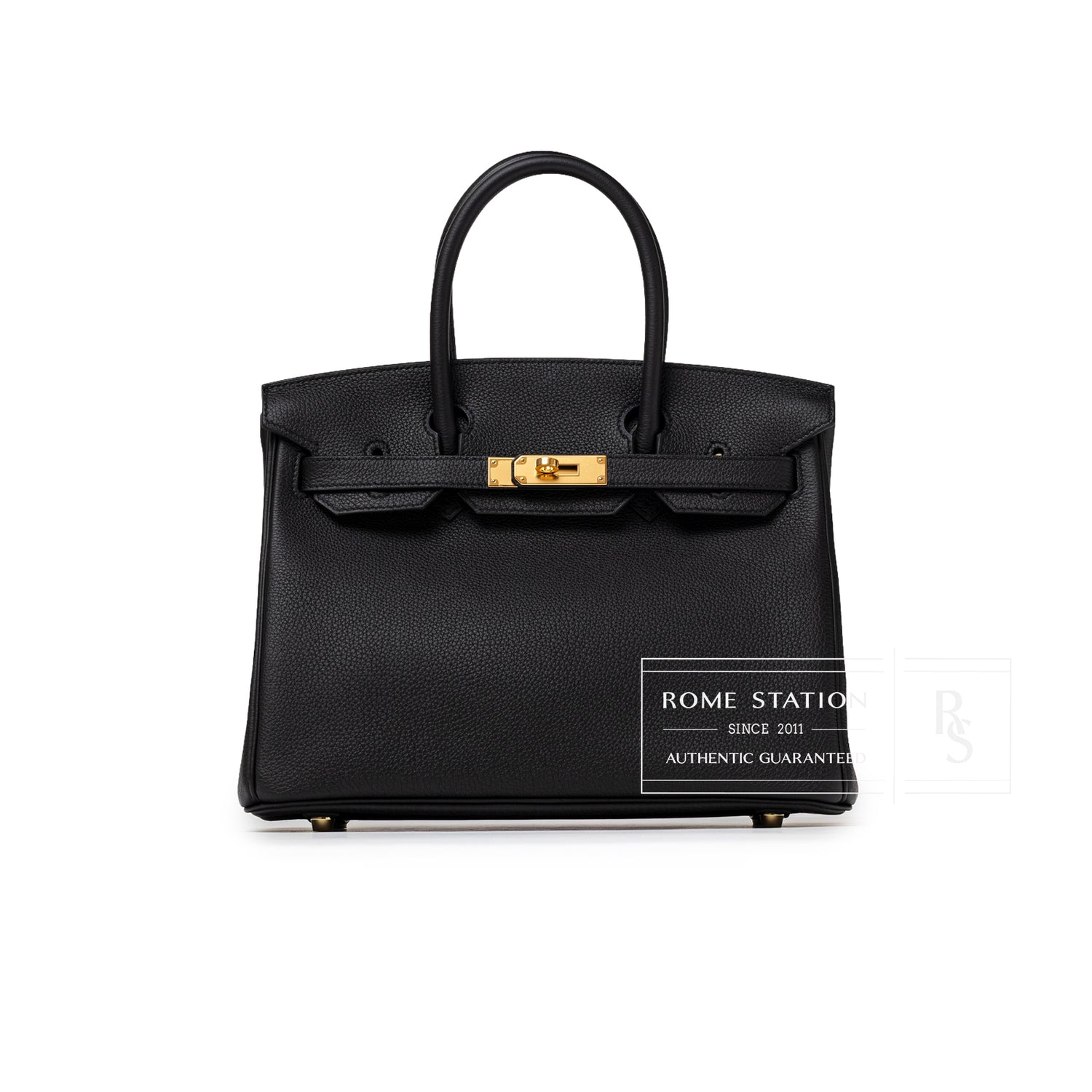 Front view of Hermès Birkin 30 Black Togo Gold Hardware highlighting smooth textured leather and clasp detail
