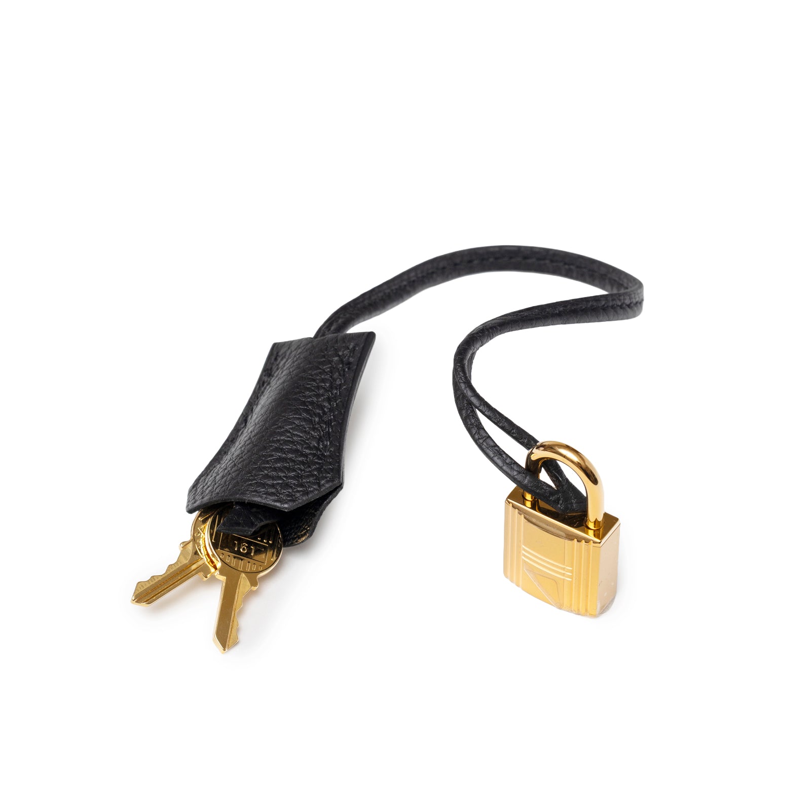 Close-up of gold padlock and keys with black leather clochette from Hermès Birkin 30 Black Togo Gold Hardware