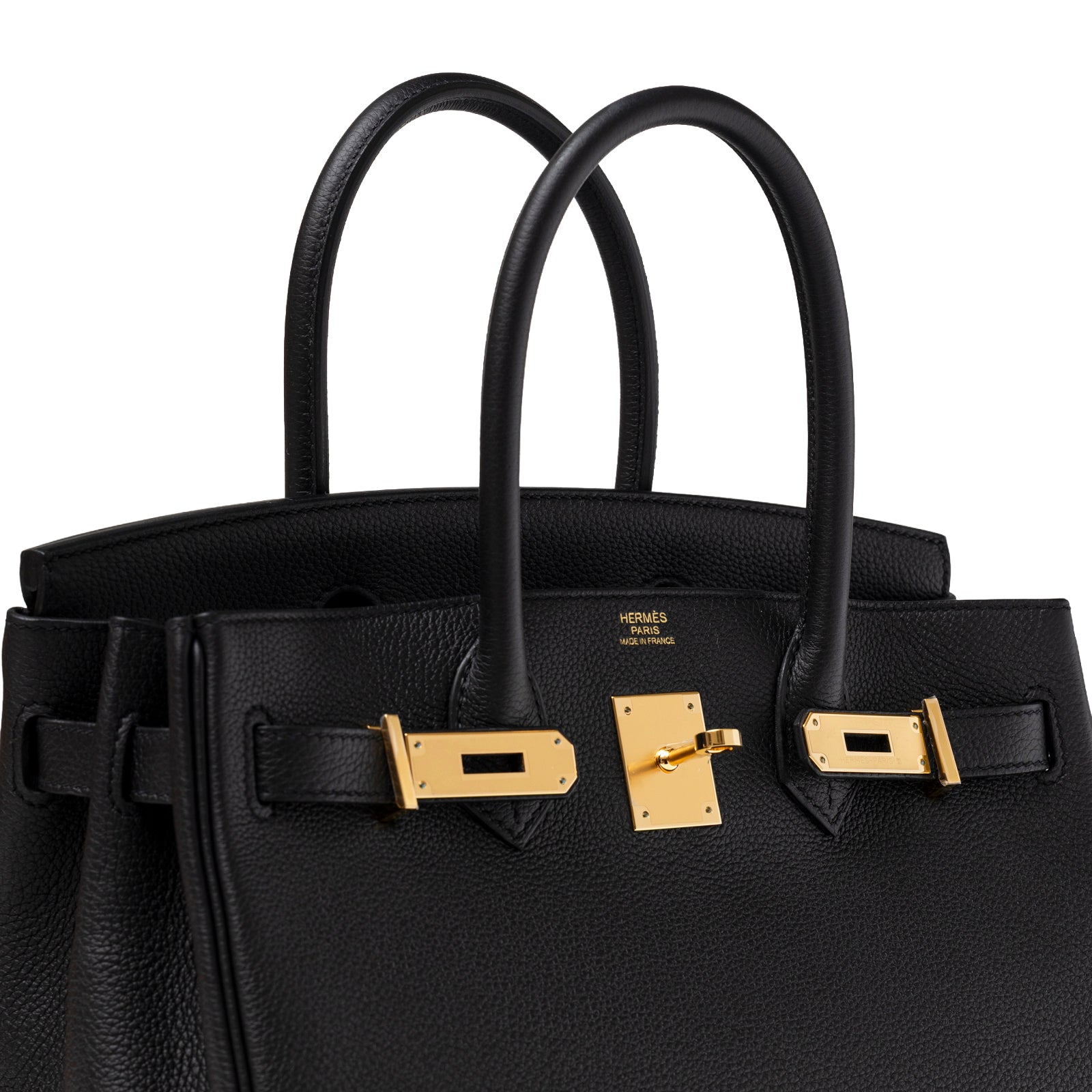Angled view of Hermès Birkin 30 Black Togo Gold Hardware showing structured handles and polished clasp detail