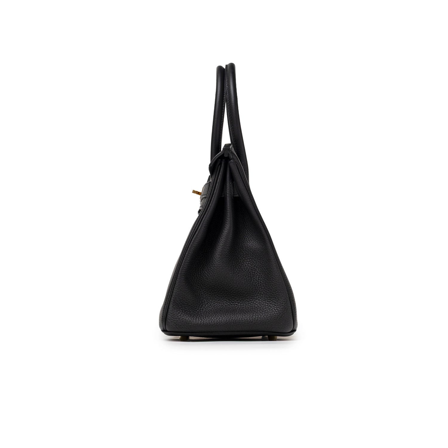 Side profile of Hermès Birkin 30 Black Togo Gold Hardware showcasing textured leather and structured handles