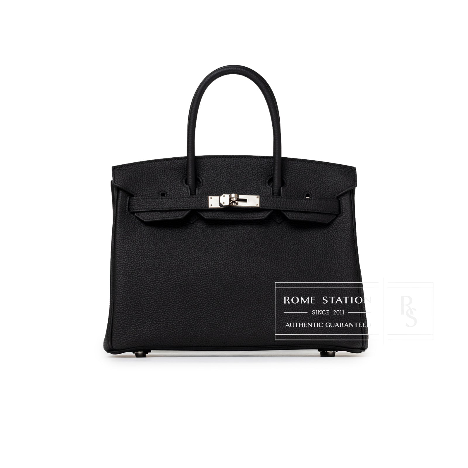 Front view of Hermès Birkin 30 Black Togo Palladium Hardware showcasing textured leather and clasp details