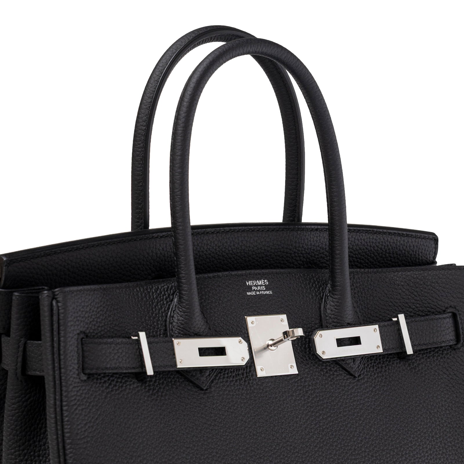 Close-up of Hermès Birkin 30 Black Togo Palladium Hardware showing lock closure and textured leather handles