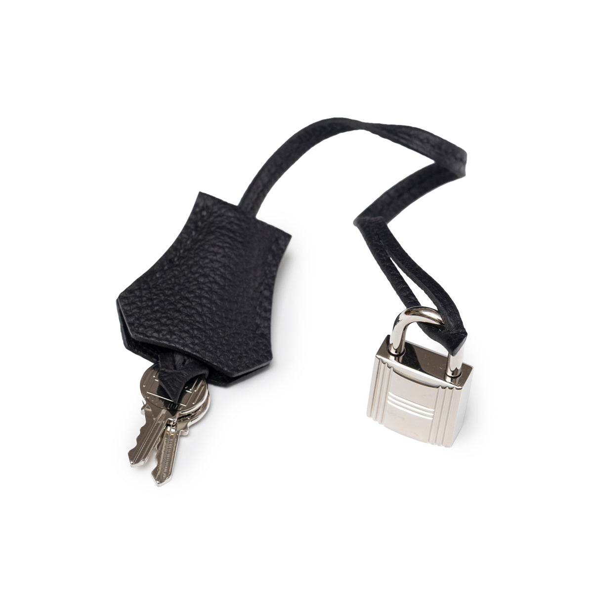 Close-up of Hermès Birkin 30 Black Togo Palladium Hardware lock and leather-covered keys with strap detail