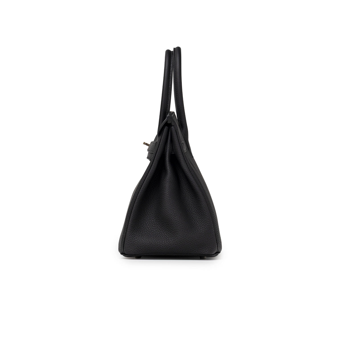 Side view of Hermès Birkin 30 Black Togo Palladium Hardware with visible leather grain and handle details