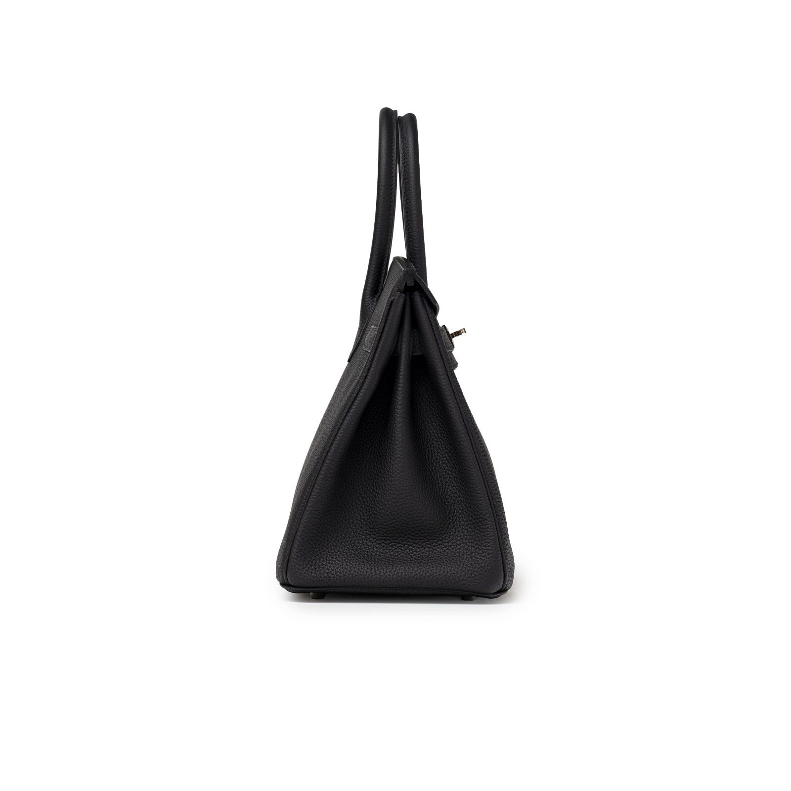 Side profile of Hermès Birkin 30 Black Togo Palladium Hardware showing textured leather and handles detail