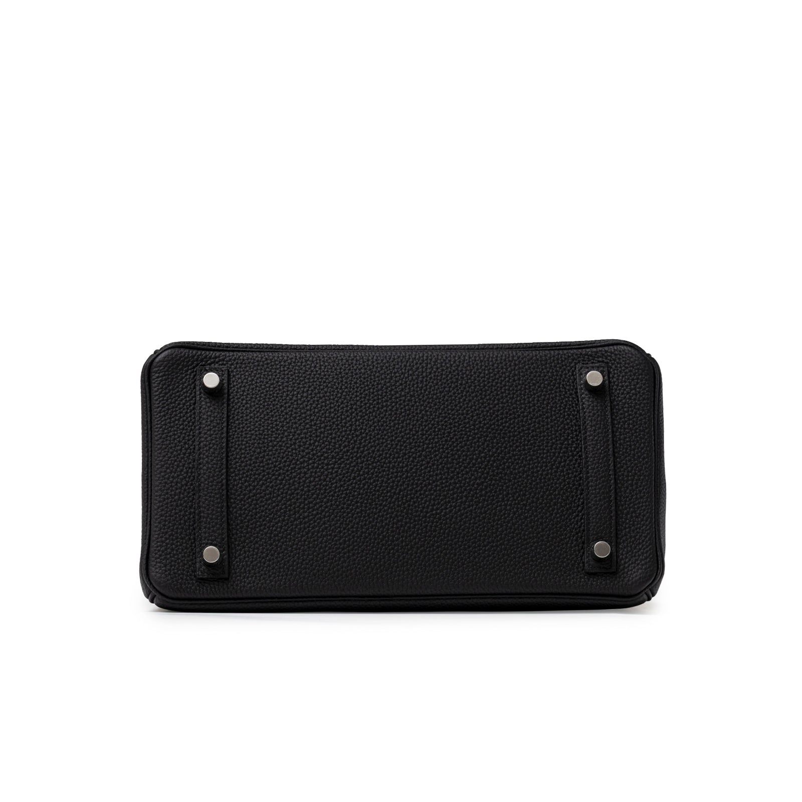 Bottom view of Hermès Birkin 30 Black Togo Palladium Hardware showing textured leather and protective studs