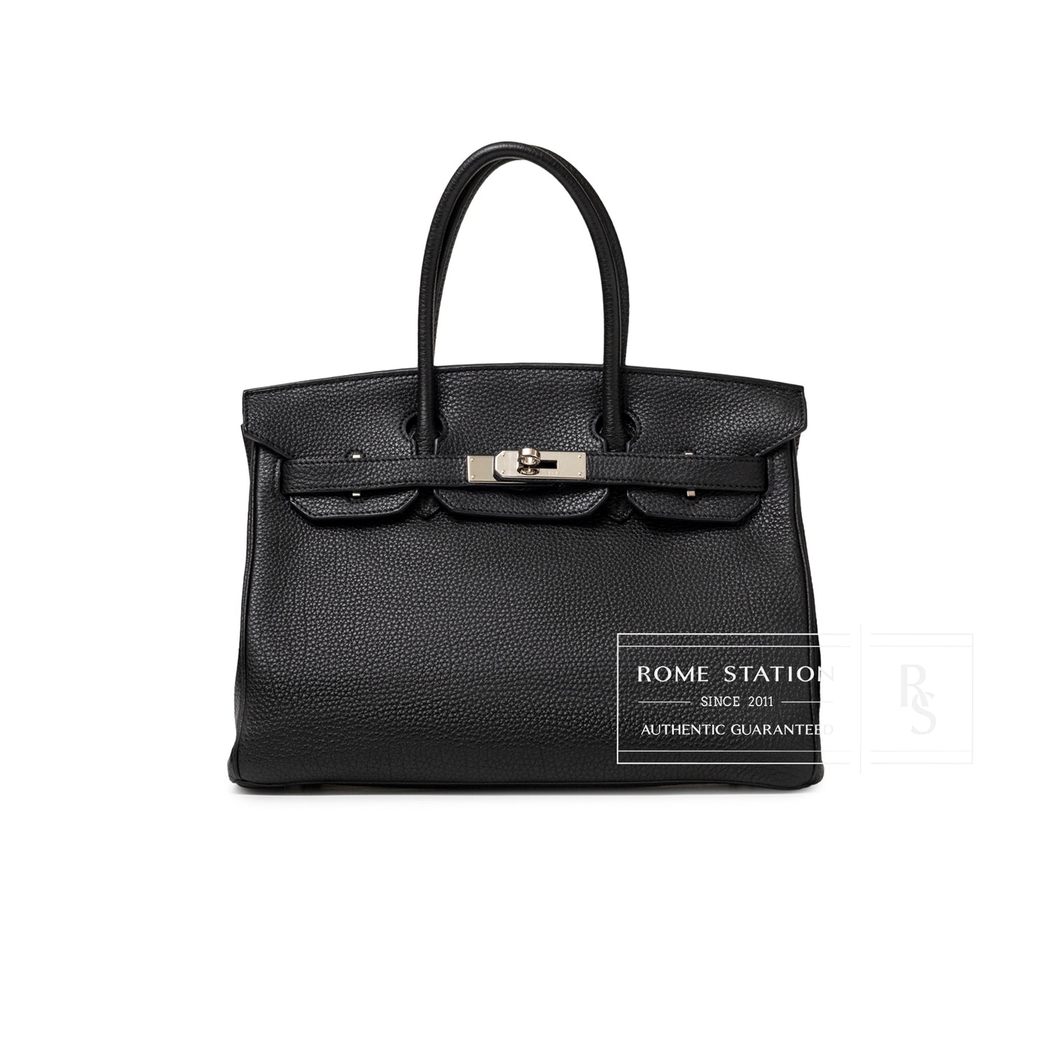 Front view of Hermès Birkin 30 Black Togo Palladium Hardware handbag with dual handles and secure clasp closure