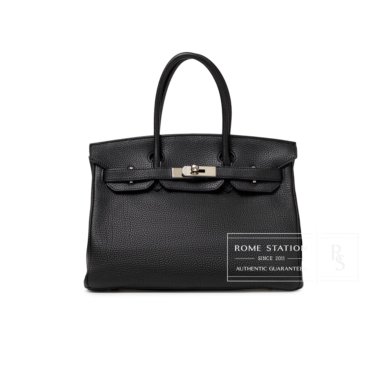 Front view of Hermès Birkin 30 Black Togo Palladium Hardware handbag with dual handles and secure clasp closure