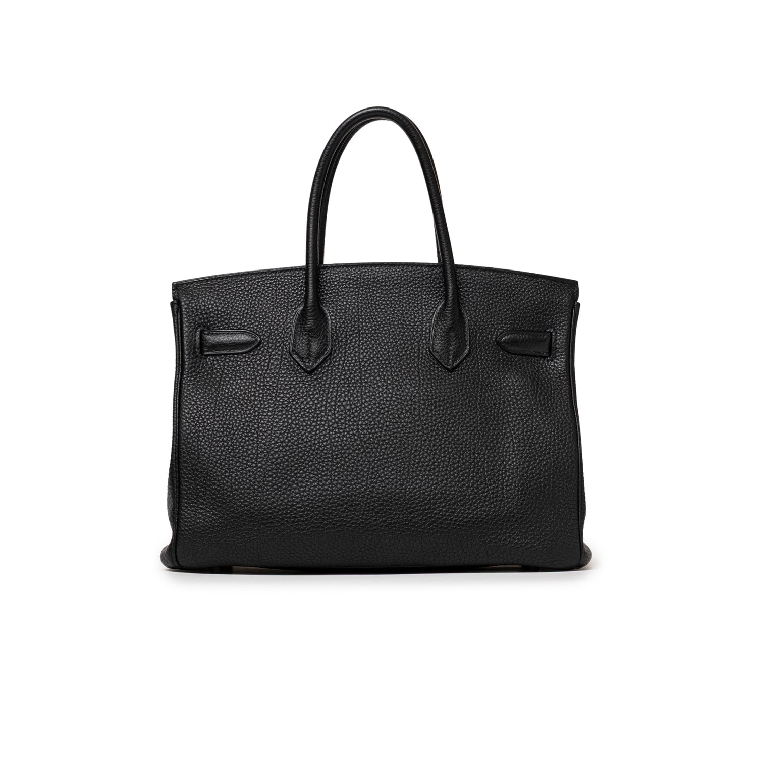 Back view of Hermès Birkin 30 Black Togo Palladium Hardware handbag with smooth leather handles and textured body.