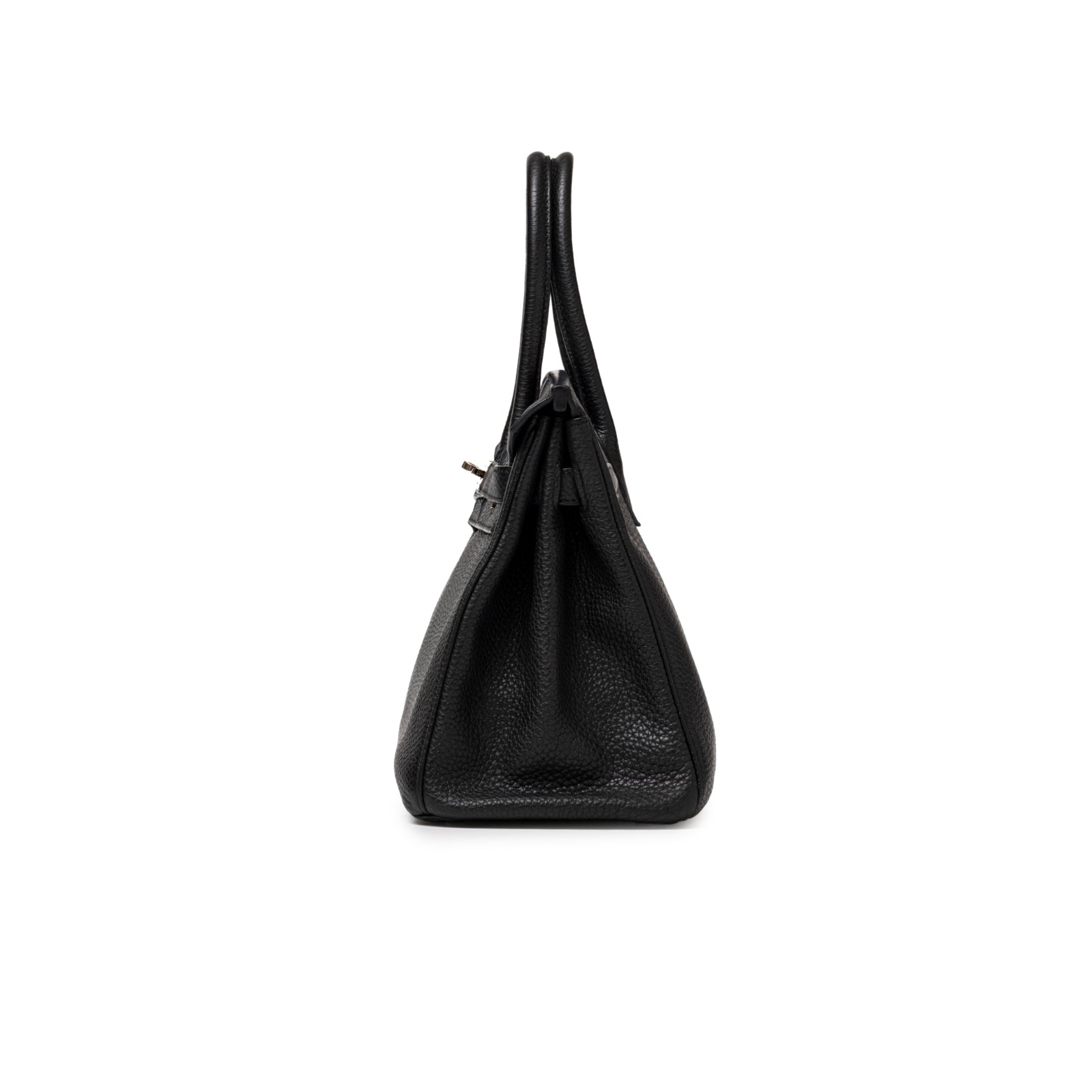 Side profile of Hermès Birkin 30 Black Togo Palladium Hardware showing textured leather and handles.