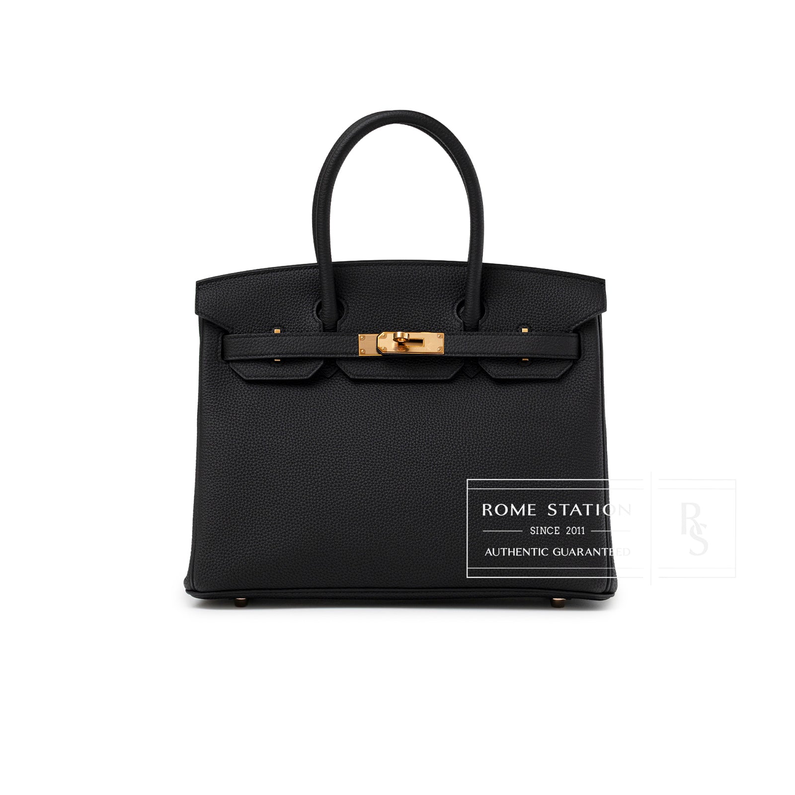 Front view of Hermès Birkin 30 Black Togo Rose Gold Hardware handbag with clean white background
