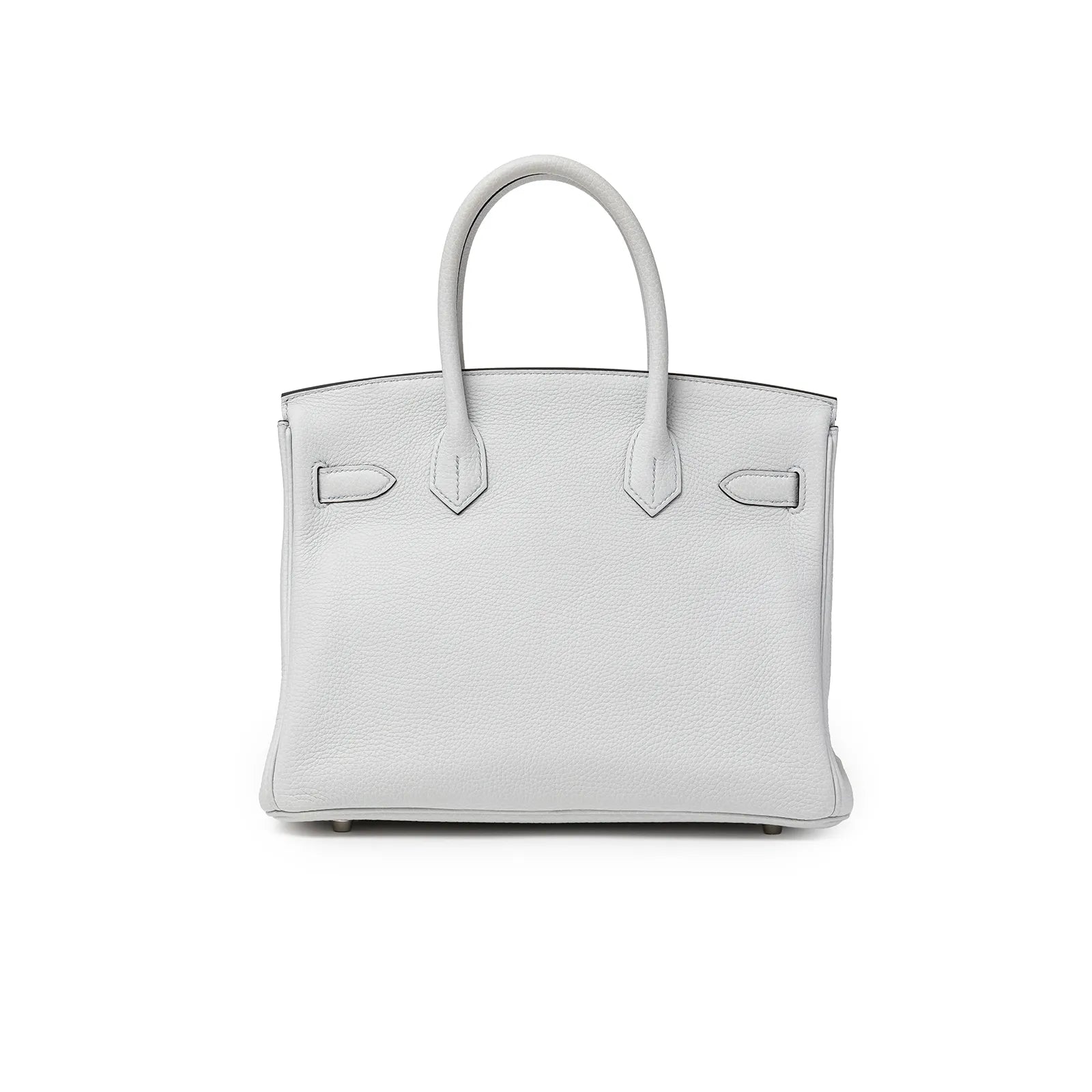 Back view of Hermès Birkin 30 in pale blue Clemence leather with smooth, structured handles and clean lines