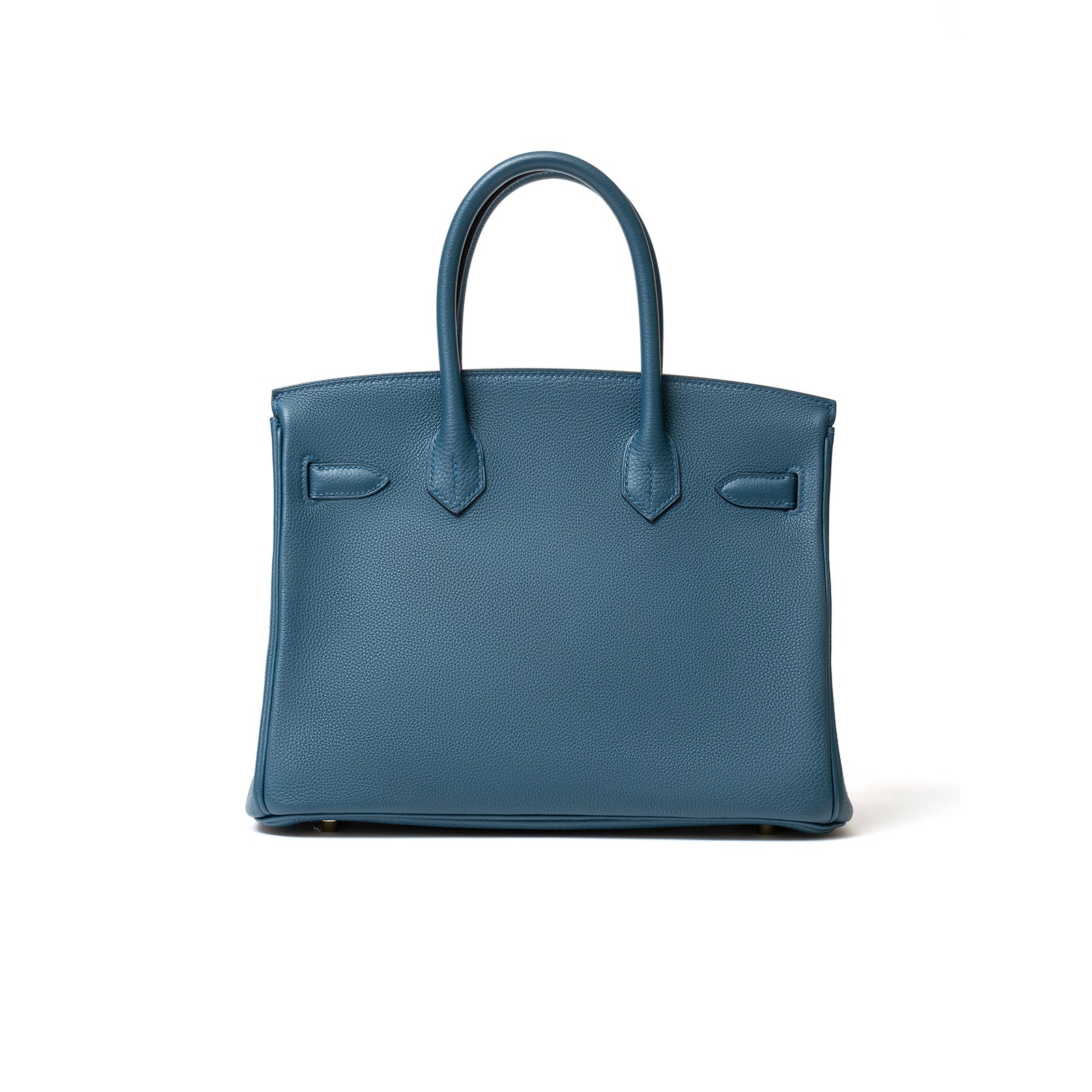 Back view of Hermès Birkin 30 Colvert Togo Gold Hardware in rich blue with smooth leather texture.