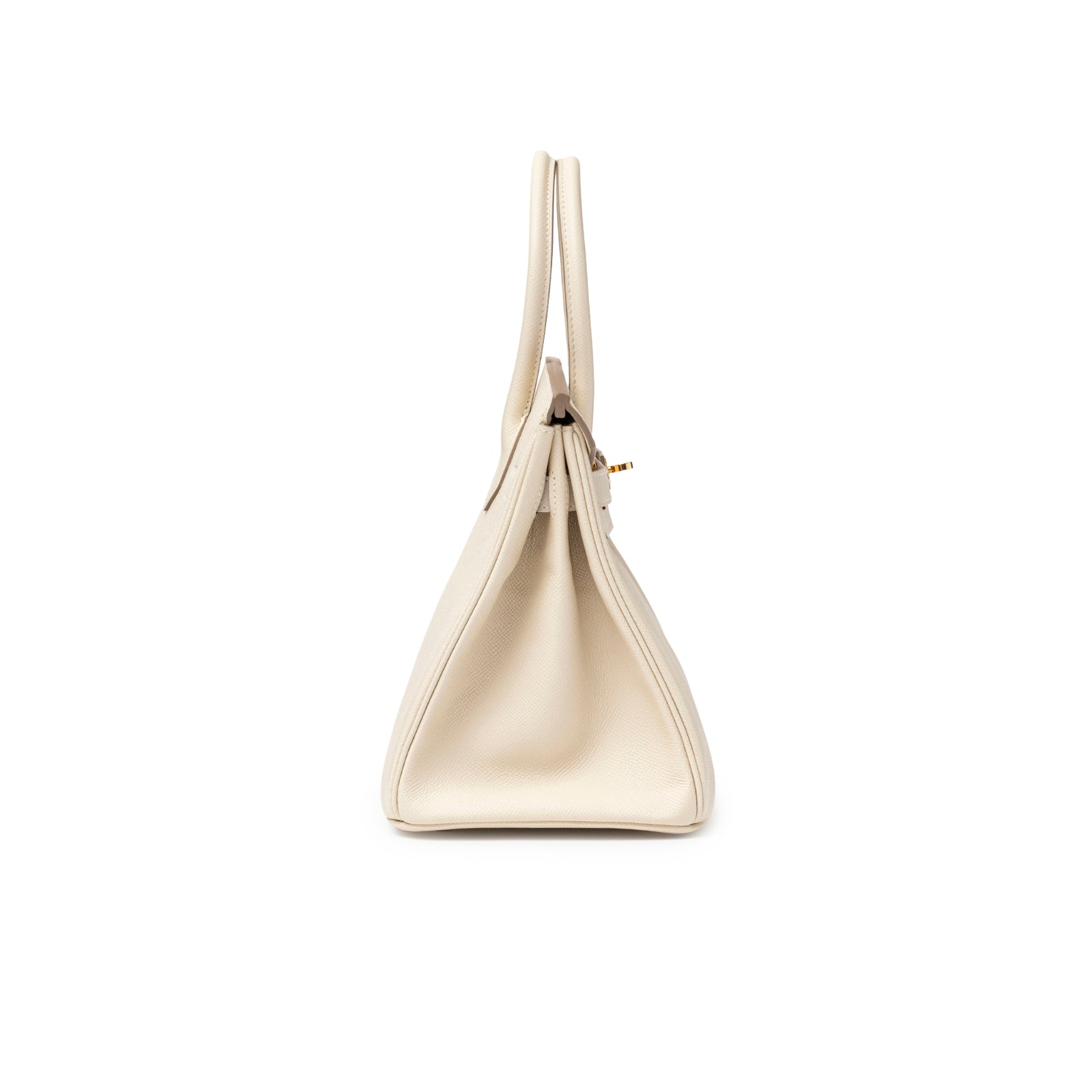 Side profile of Hermès Birkin 30 Craie Epsom Gold Hardware showing soft cream leather and structured silhouette
