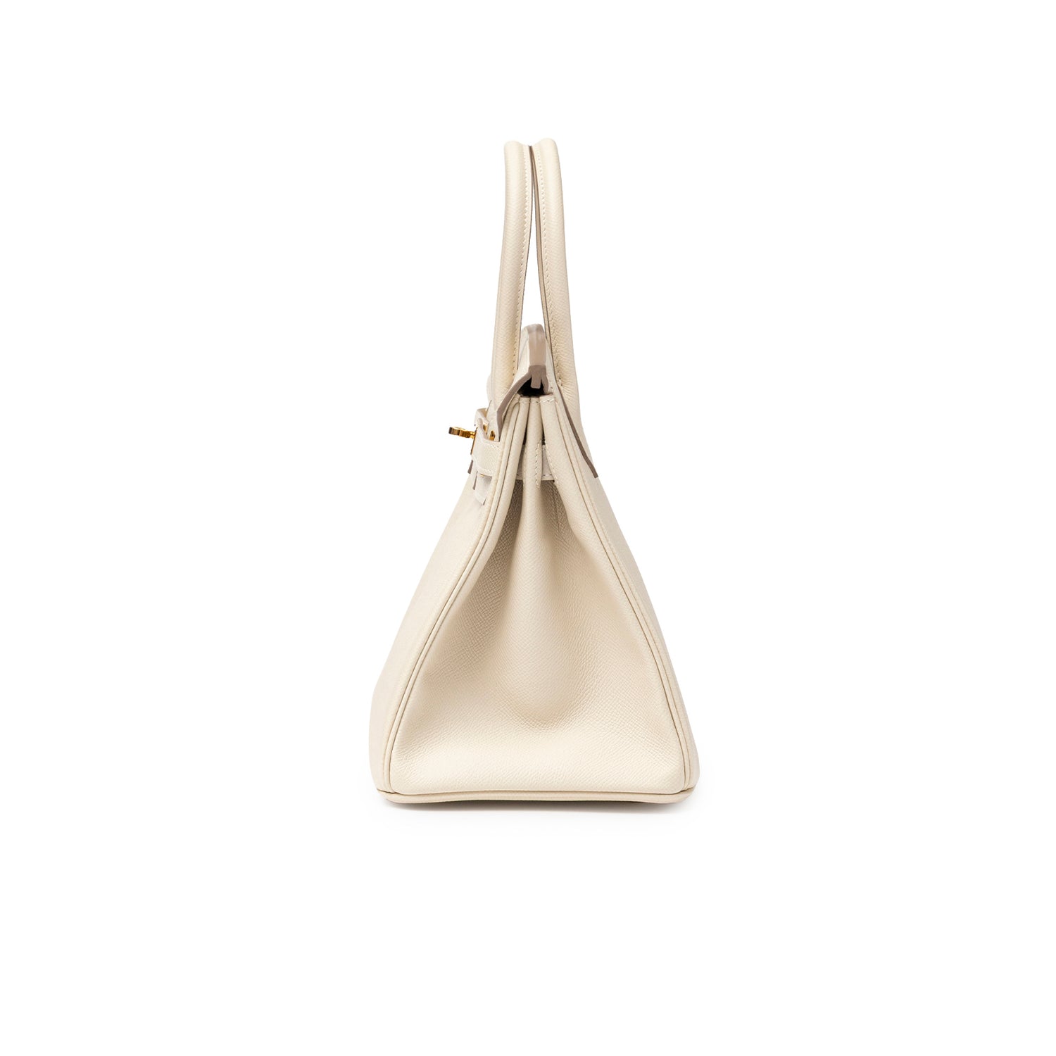 Side view of Hermès Birkin 30 Craie Epsom Gold Hardware showing smooth leather and structured silhouette