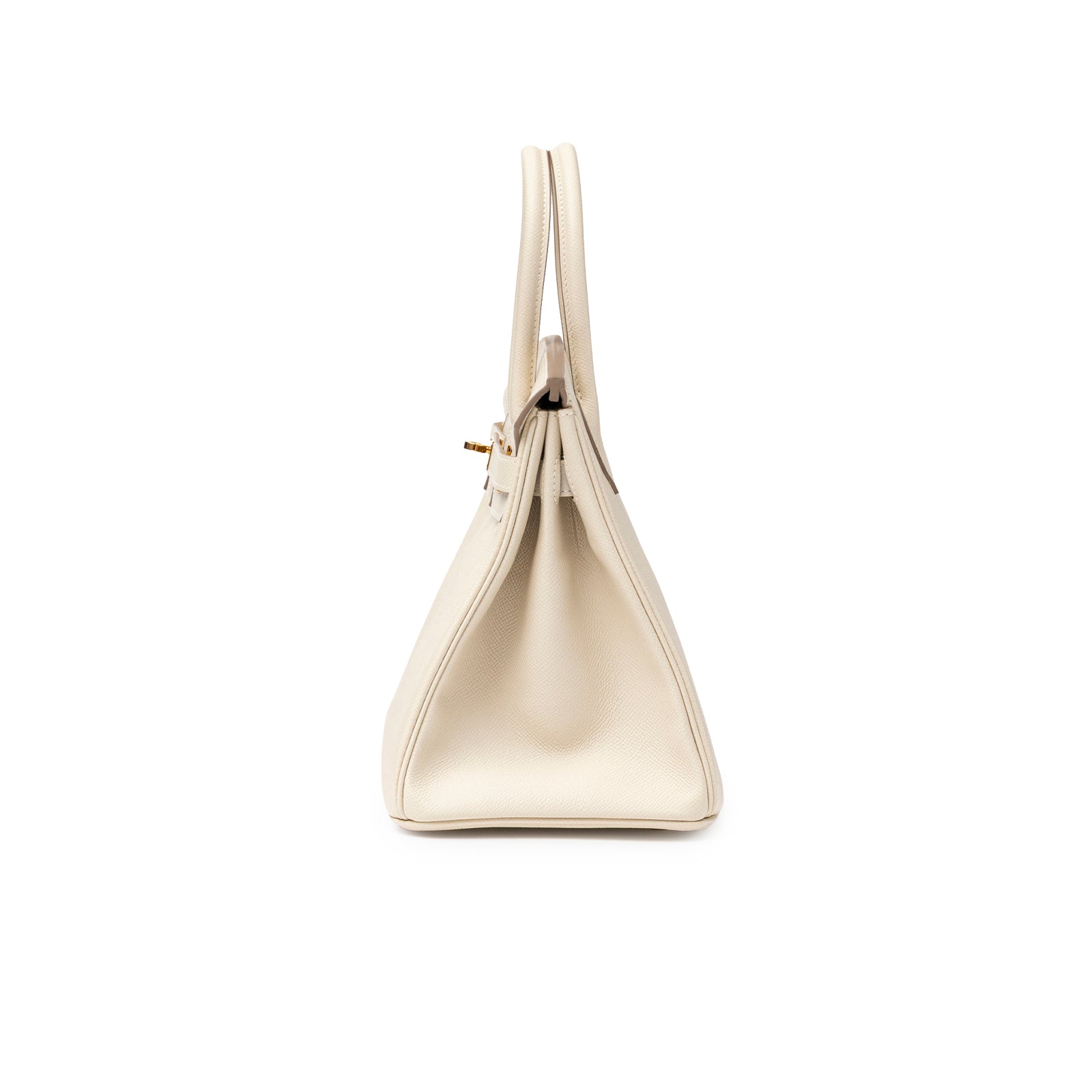 Side view of Hermès Birkin 30 Craie Epsom Gold Hardware showing smooth leather and structured silhouette