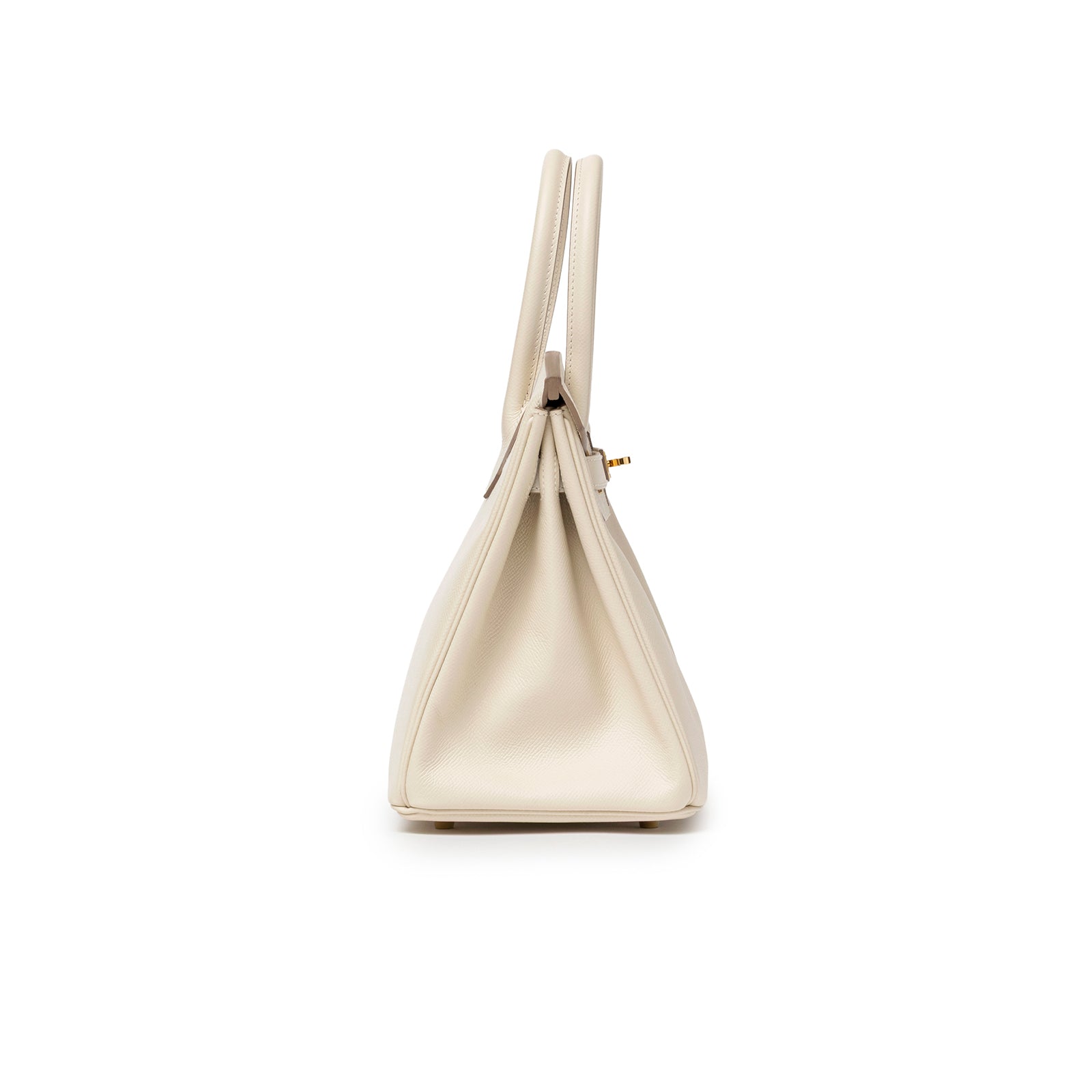 Side angle of Hermès Birkin 30 Craie Epsom Gold Hardware showing cream leather and smooth structured edges