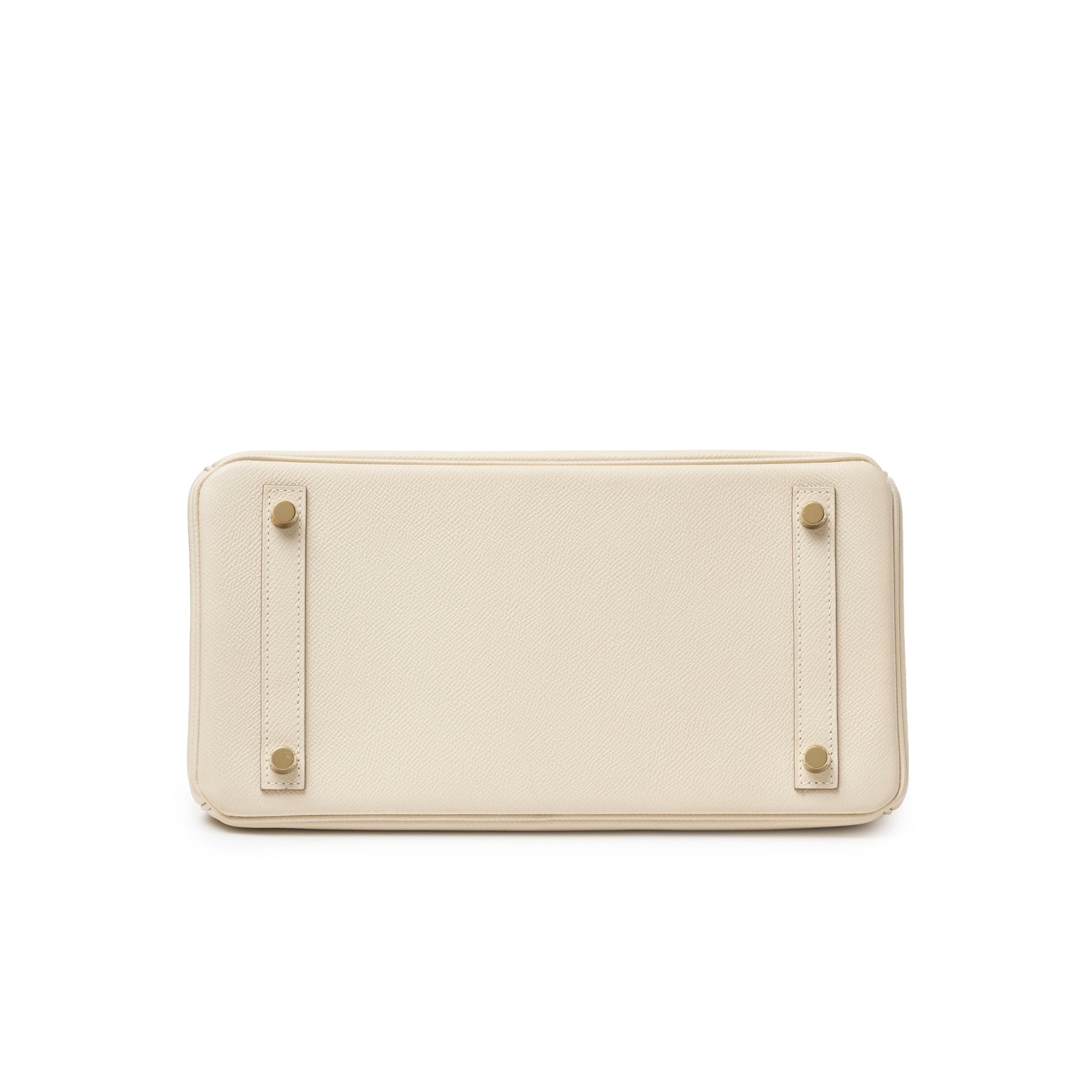 Bottom view of Hermès Birkin 30 Craie Epsom Gold Hardware showing cream leather base and gold feet studs