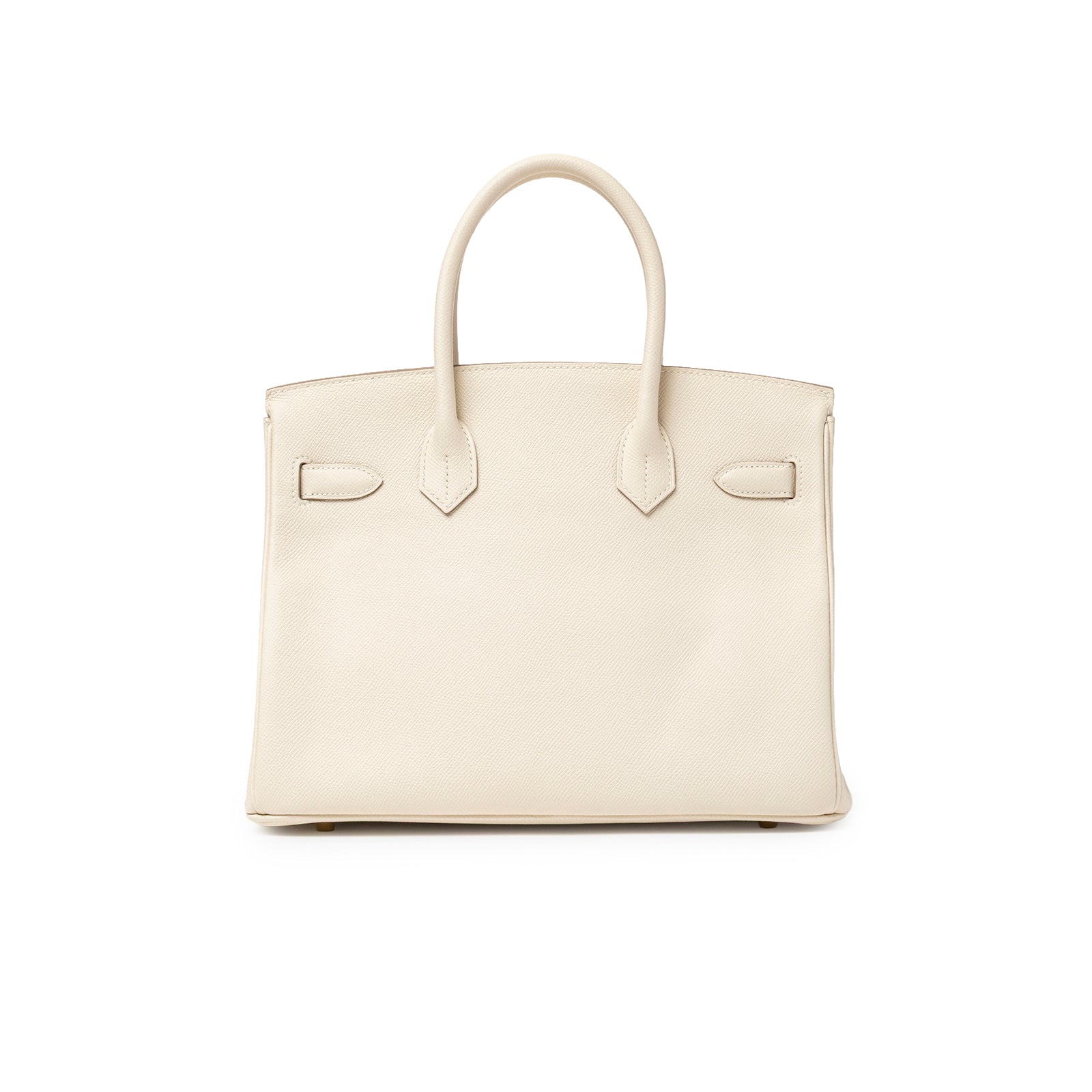 Back view of Hermès Birkin 30 Craie Epsom Gold Hardware showing smooth cream leather and structured handles