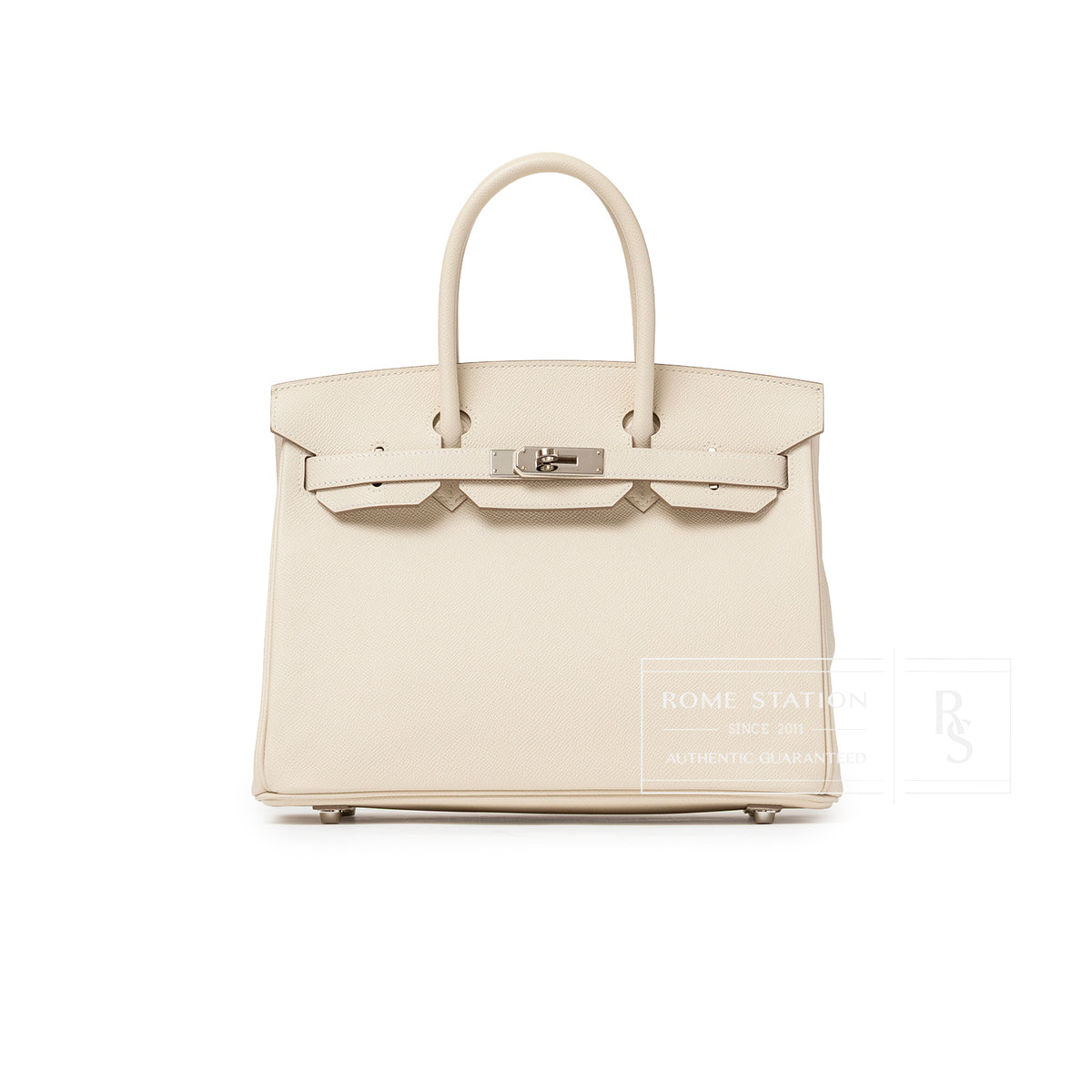 Hermès Birkin 30 Craie Epsom Palladium Hardware front view with top handles and clasp