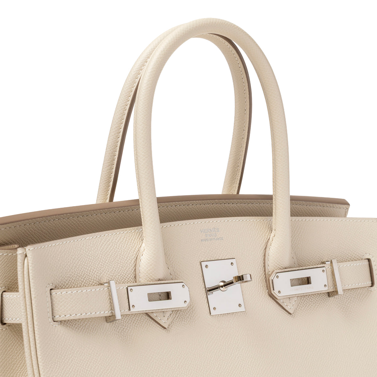 Hermès Birkin 30 Craie Epsom Palladium Hardware front clasp and handles detail