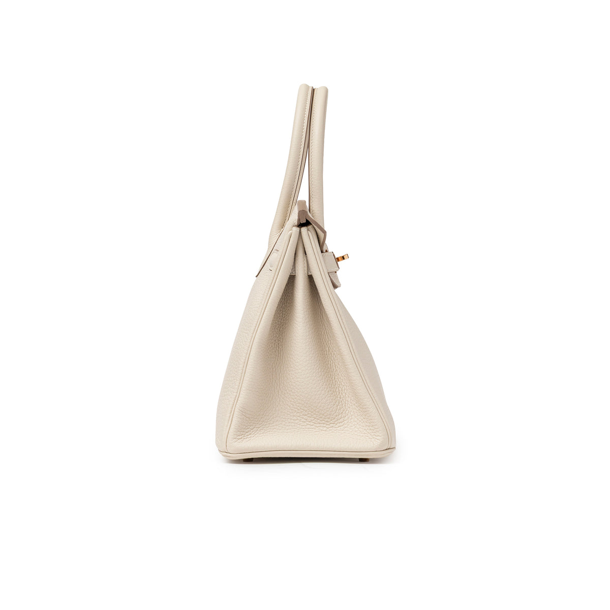 Side view of Hermès Birkin 30 Craie Togo Rose Gold Hardware in textured leather