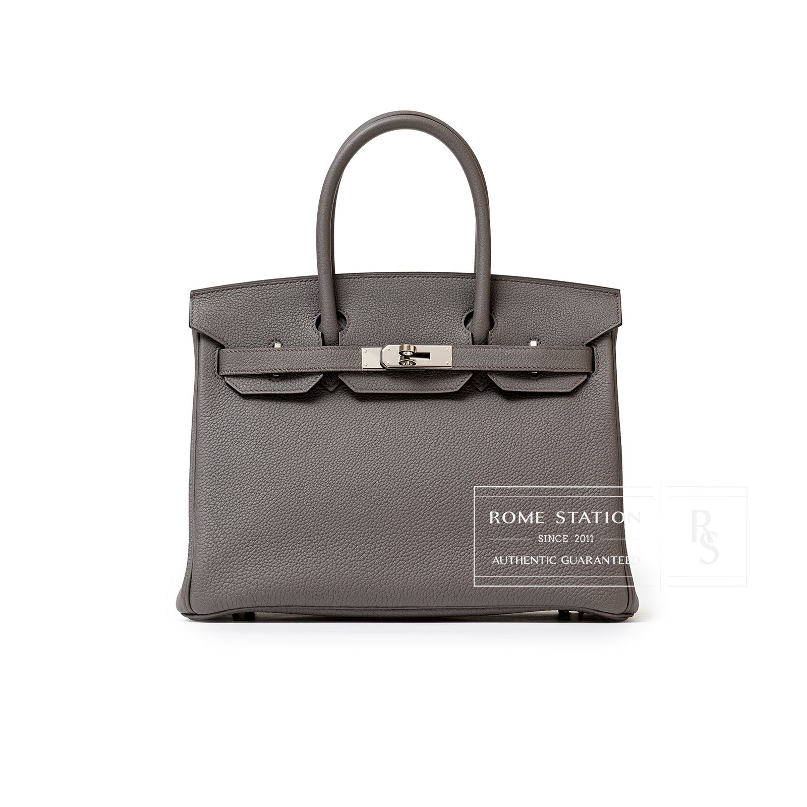 Front view of Hermès Birkin 30 Etain Togo leather bag with palladium hardware by Hermès