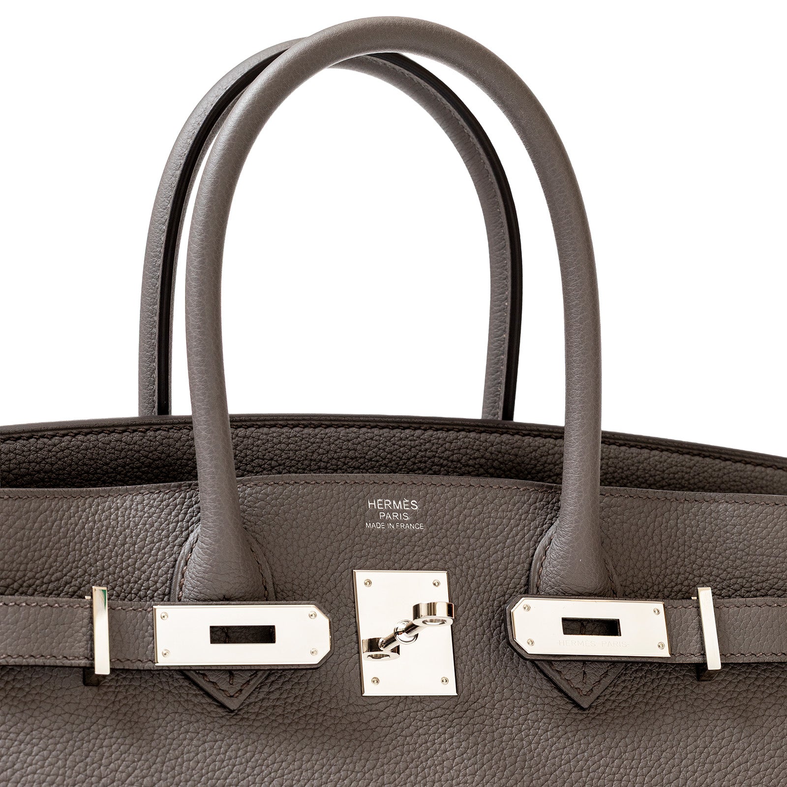Close-up of Hermès Birkin 30 Etain Togo leather with palladium hardware by Hermès
