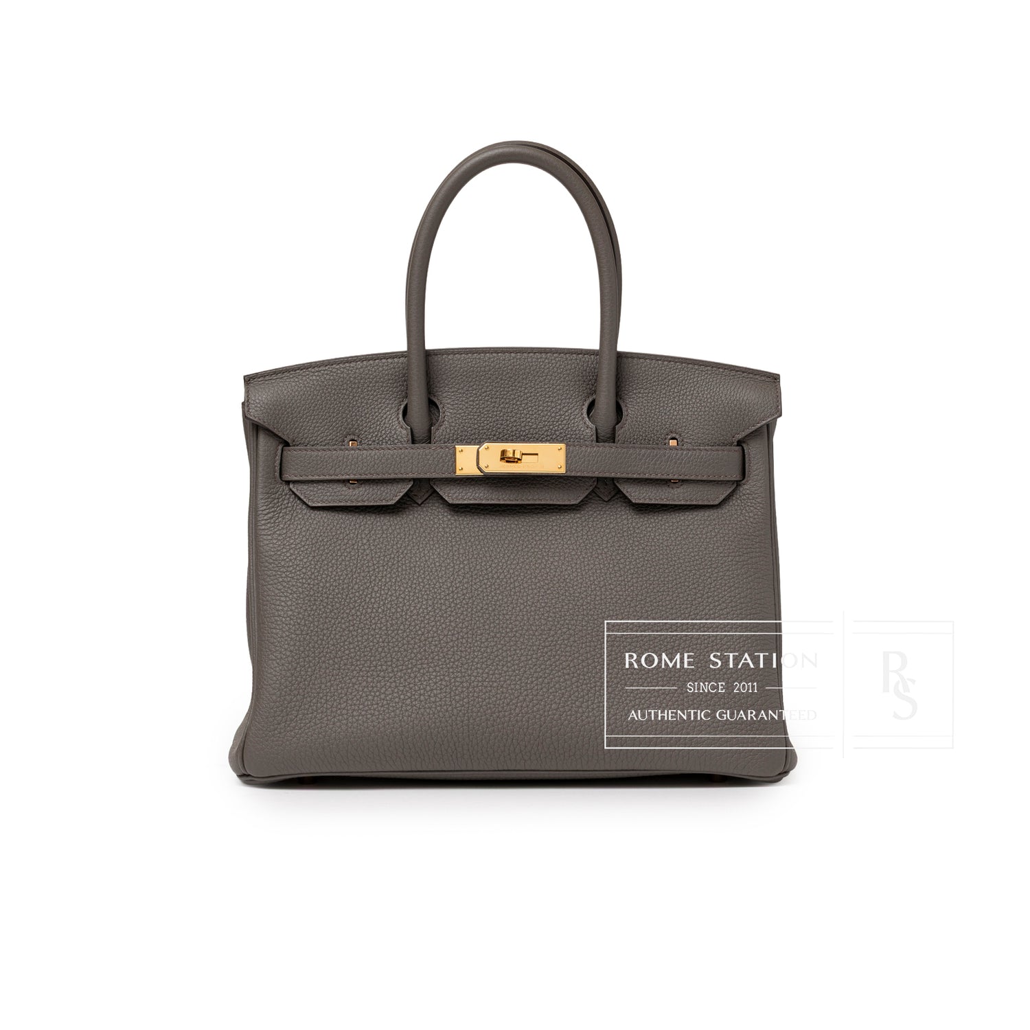 Front view of Hermès Birkin 30 Etain Togo Rose Gold Hardware with textured gray leather and polished clasp